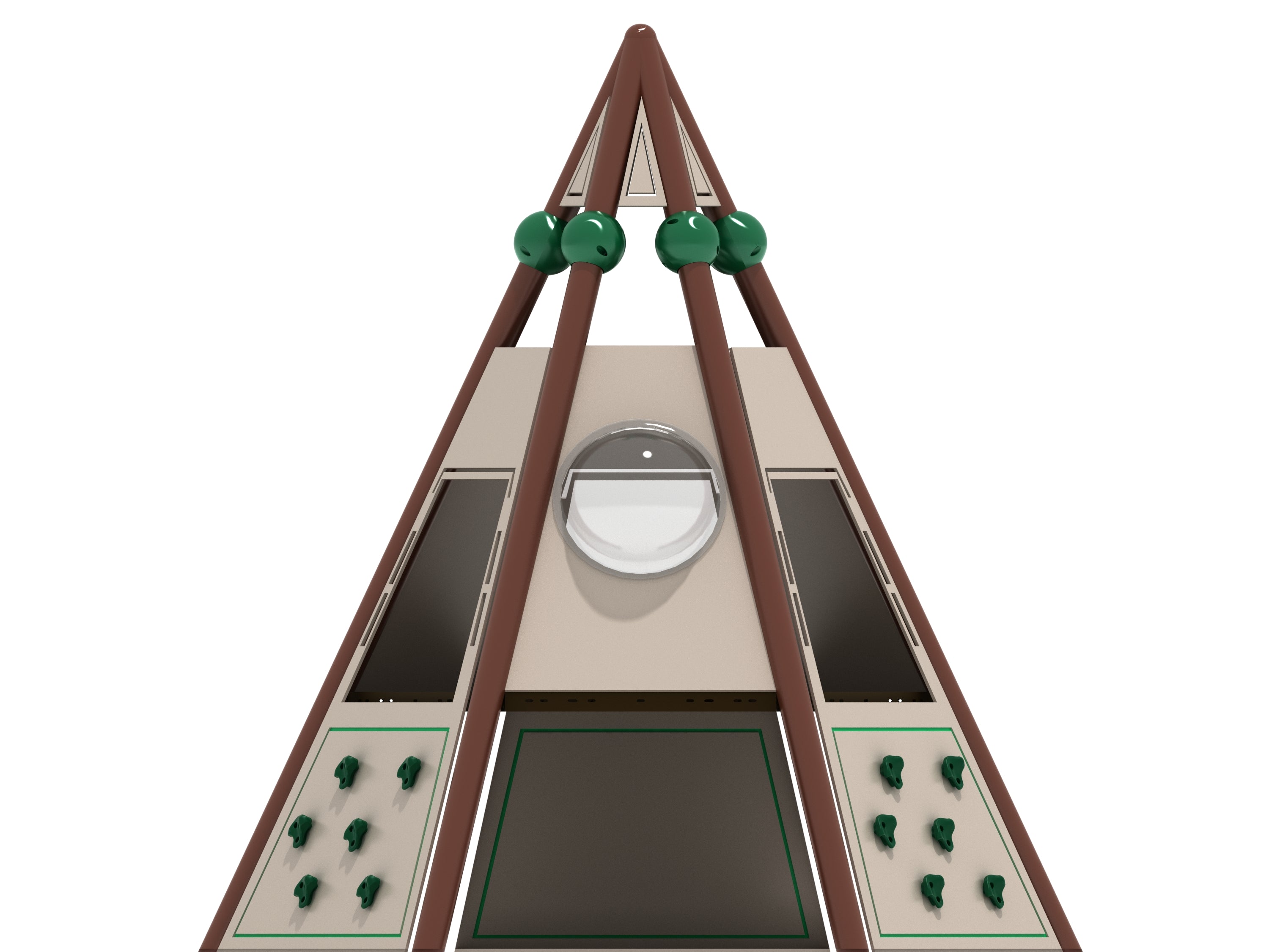 Teepee-shaped climbing structure with brown poles, beige panels, green climbing holds, and a clear bubble window