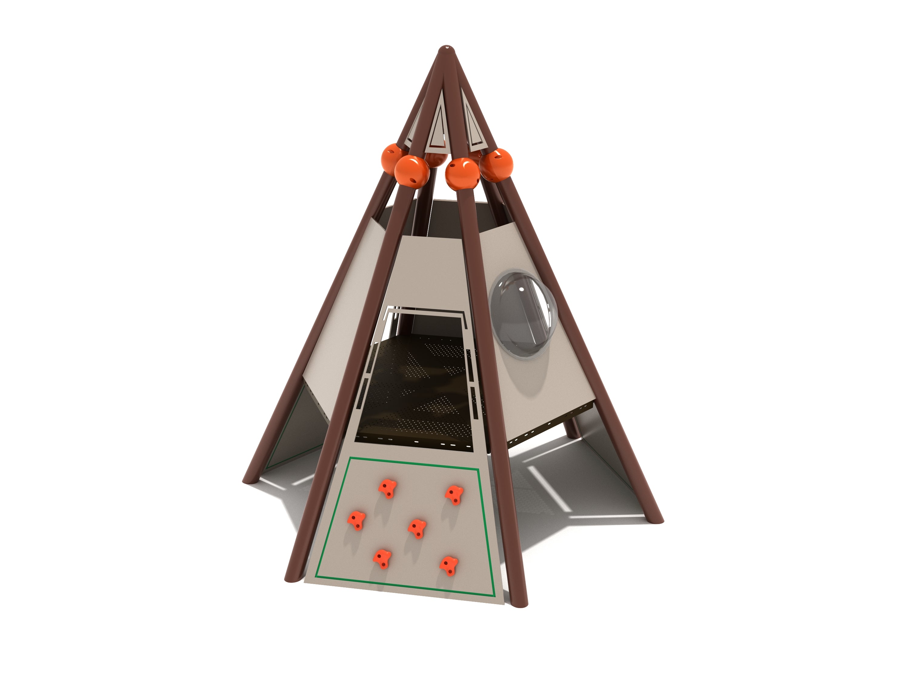 Cone-shaped playground climber with brown frame, beige climbing panels, orange holds, and a bubble window.