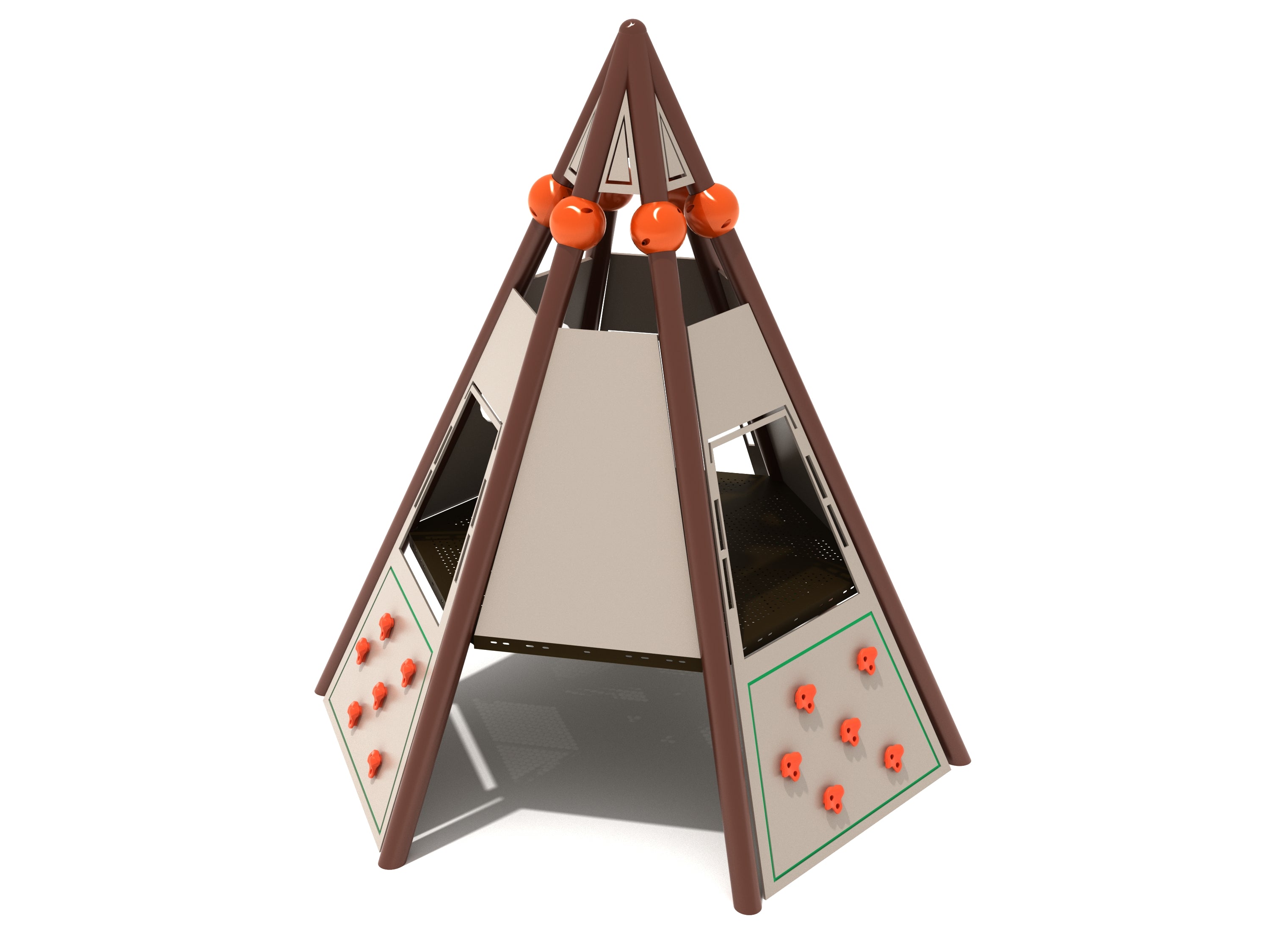 Cone-shaped playground climber with brown frame, beige panels, orange climbing holds, and open windows for active play and exploration.