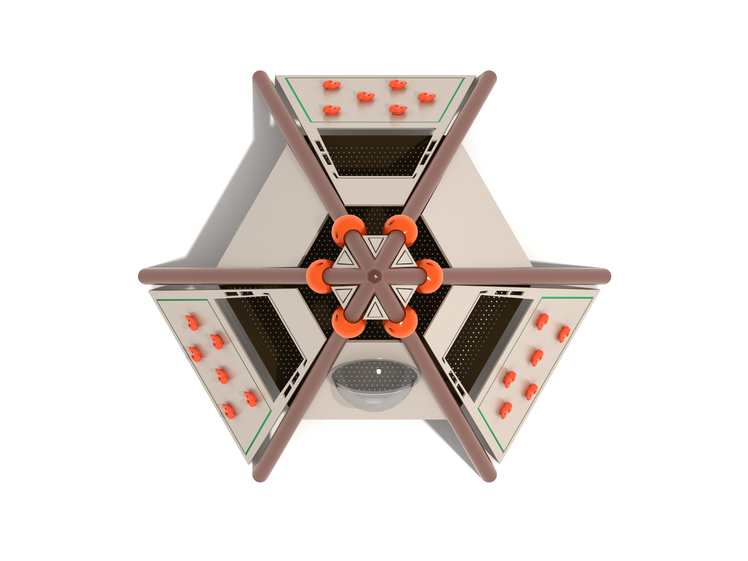 Overhead view of a teepee-shaped climbing structure with multiple climbing panels and a bubble window