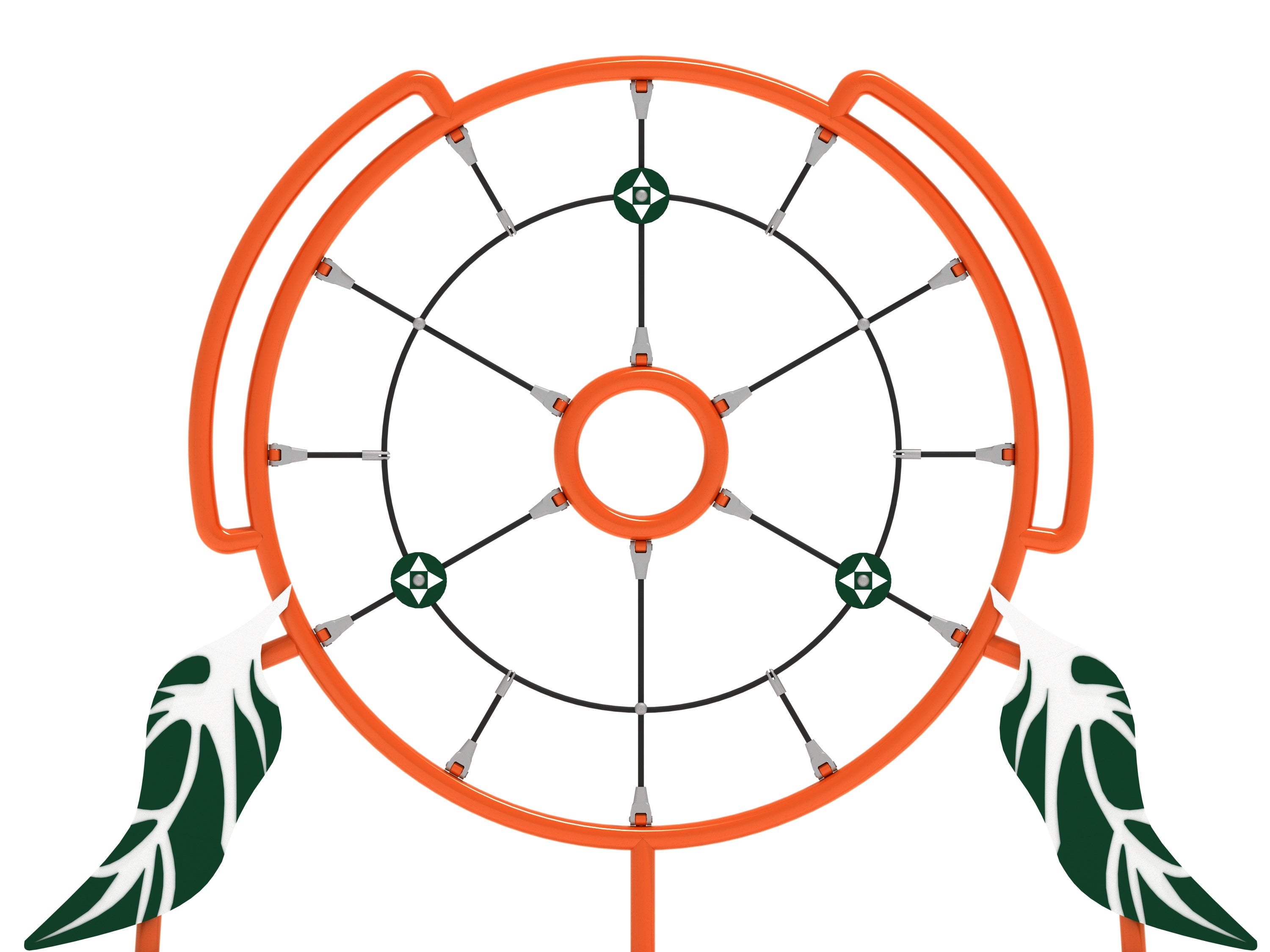 Circular orange climbing structure with black cables, circular handholds, and green and white feather accents for outdoor play