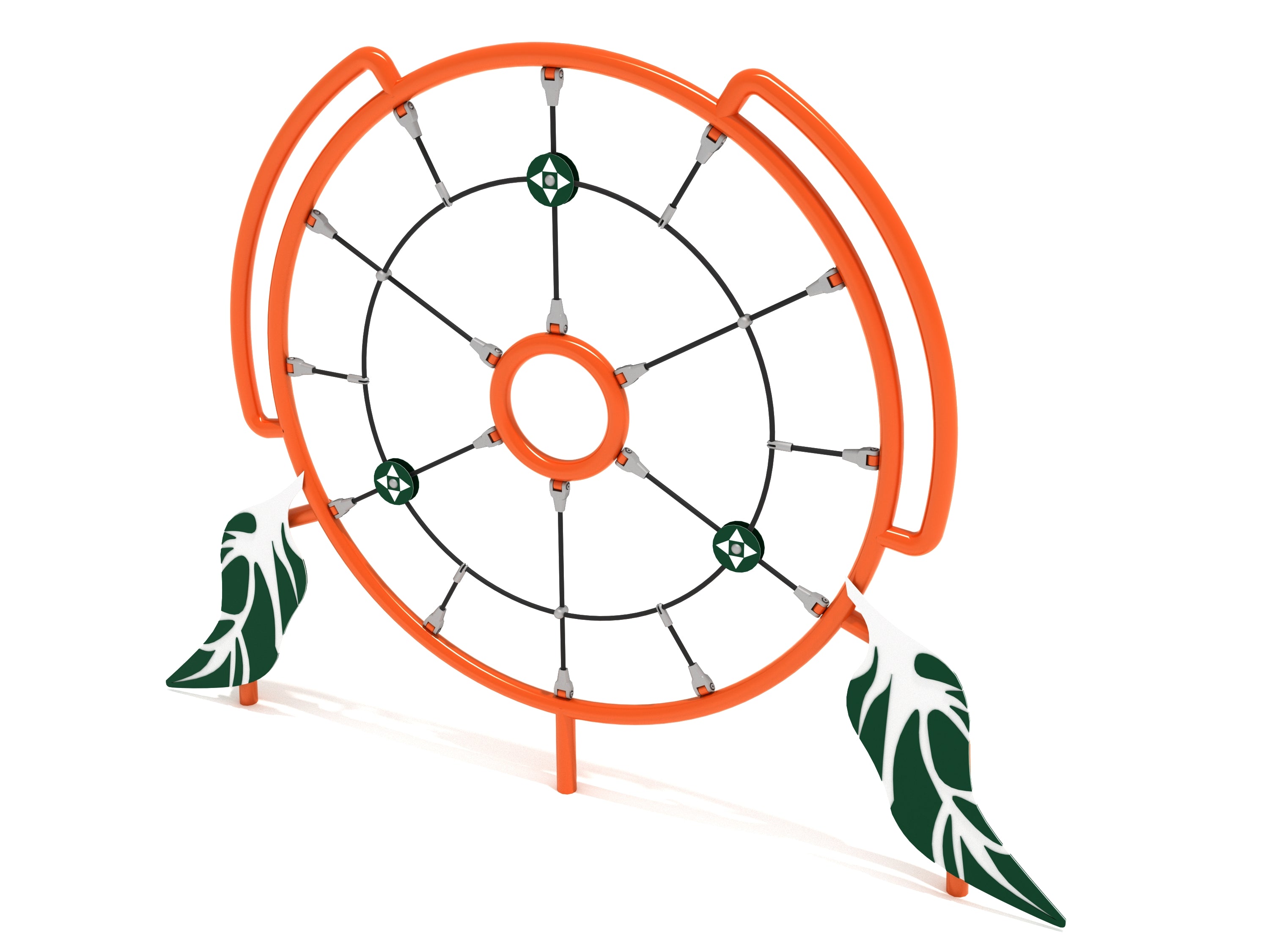 Orange circular playground climber with black webbing, green circular grips, and decorative green and white feather accents