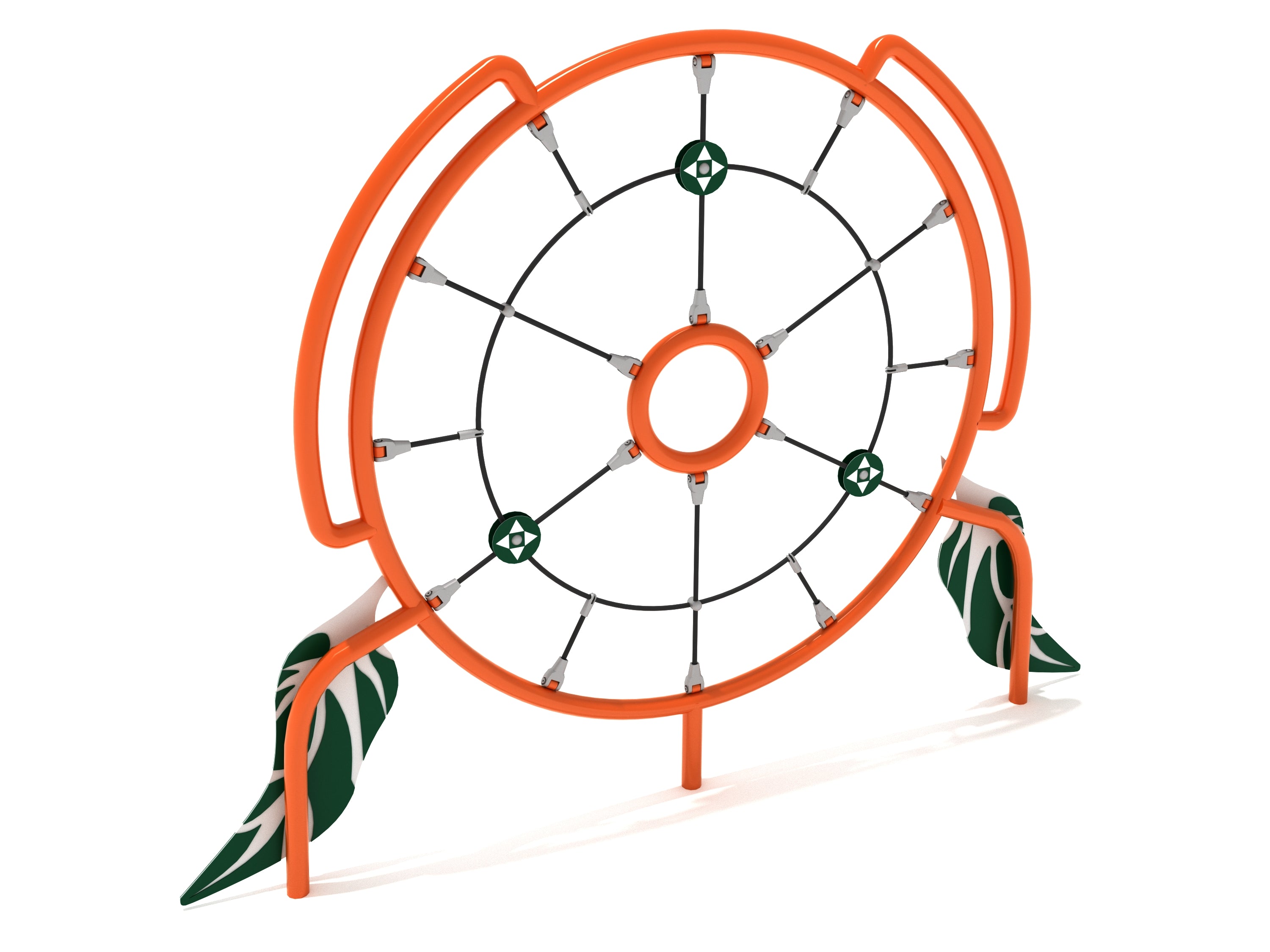 Circular orange climbing structure with black webbed cables, green circular grips, and decorative green and white feather accents