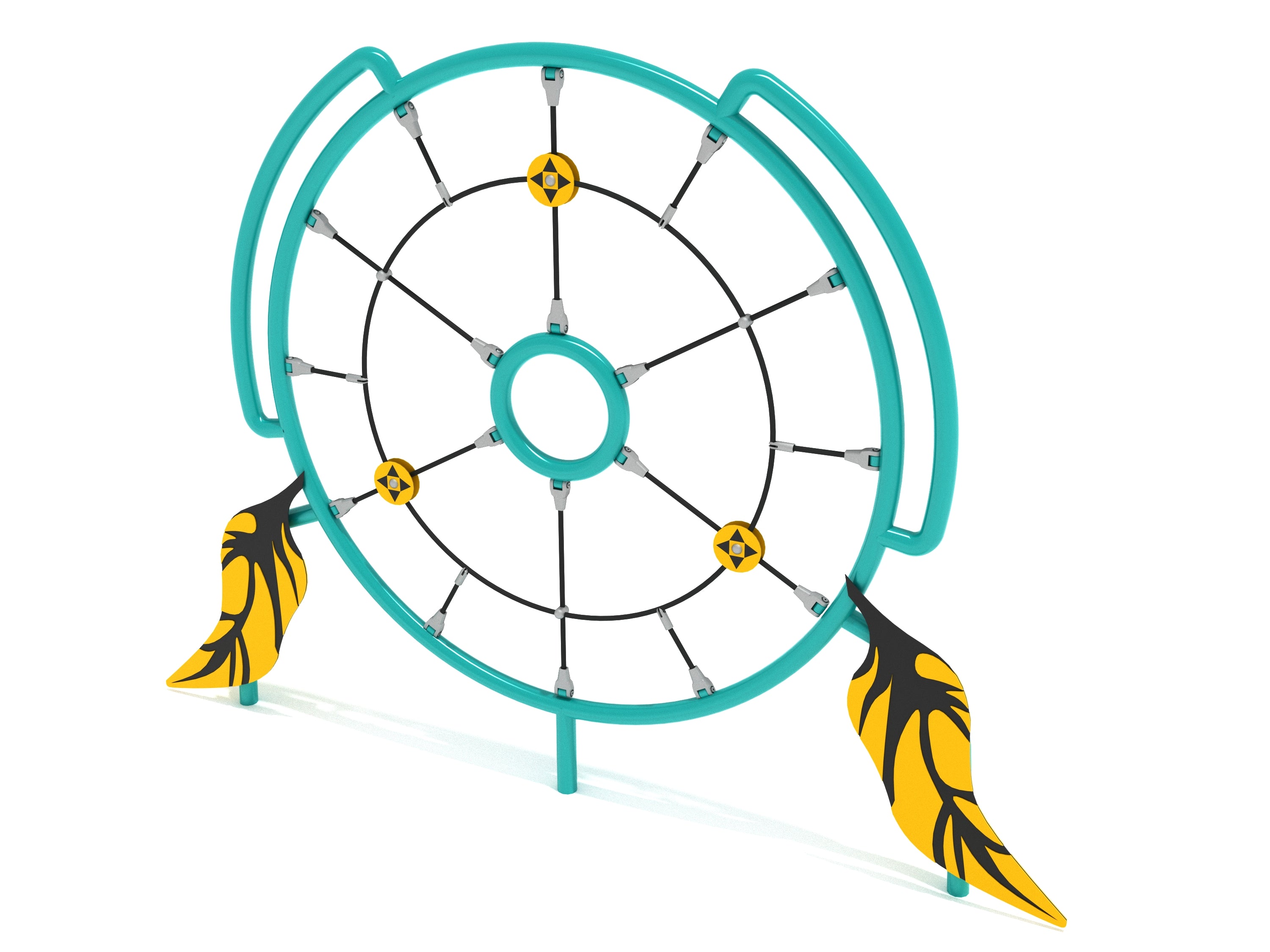 Dream Catcher Climber playground equipment with teal circular frame, black climbing net, and yellow feather accents