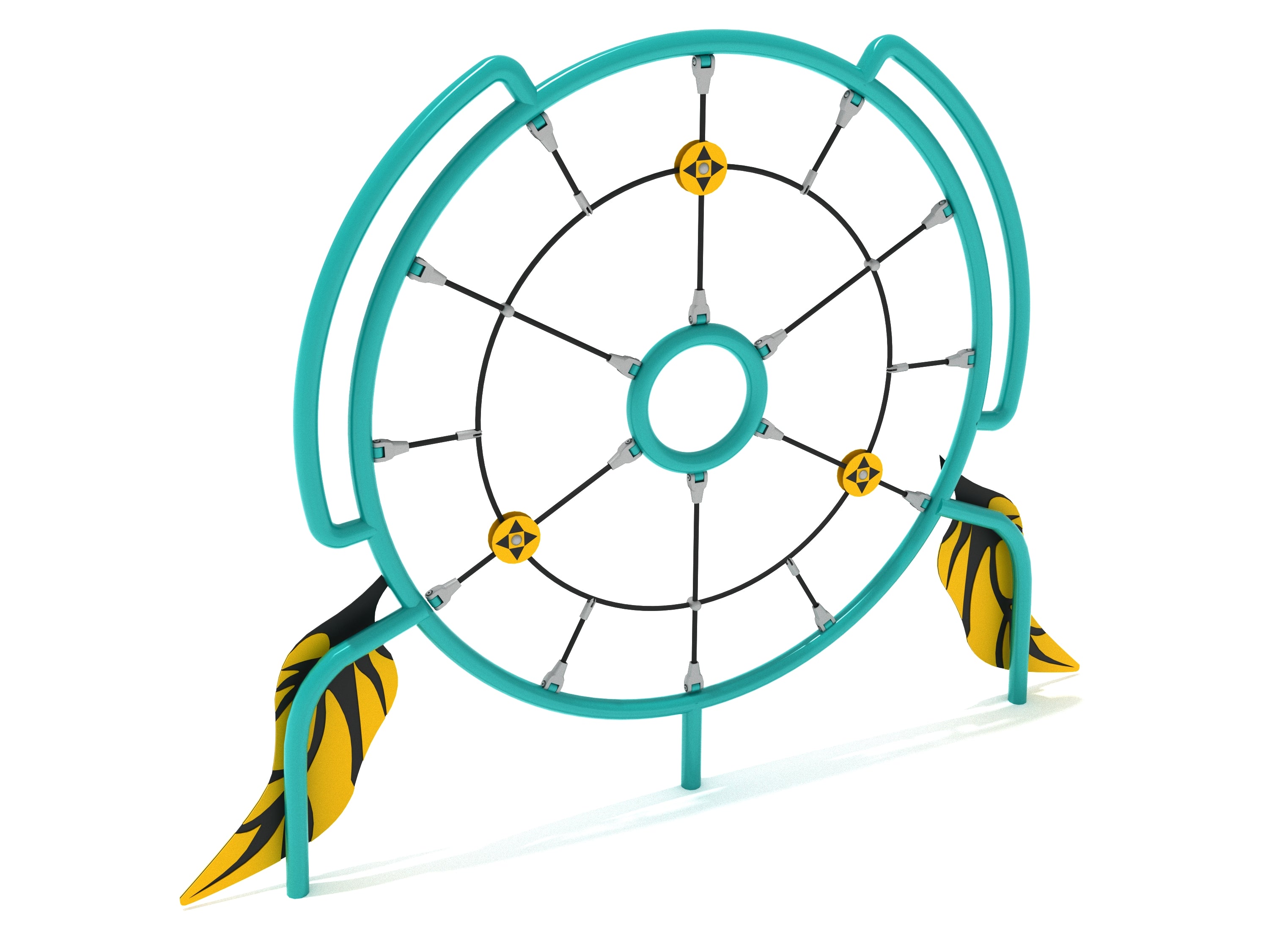 Circular playground climber with teal frame, black climbing ropes, yellow circular grips, and decorative yellow feather accents