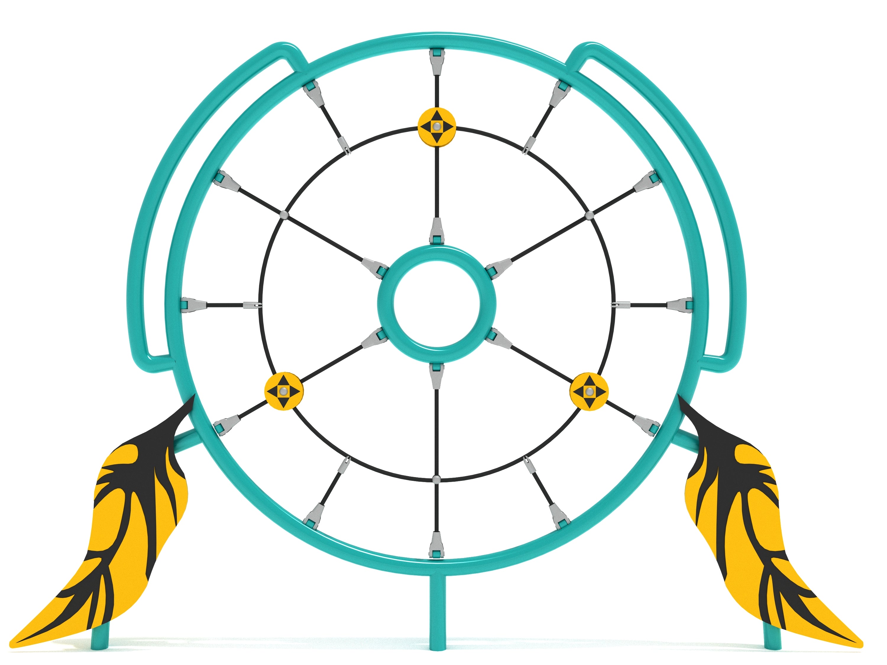 Circular playground climber with teal frame, black cable web, yellow circular connectors, and decorative feather accents