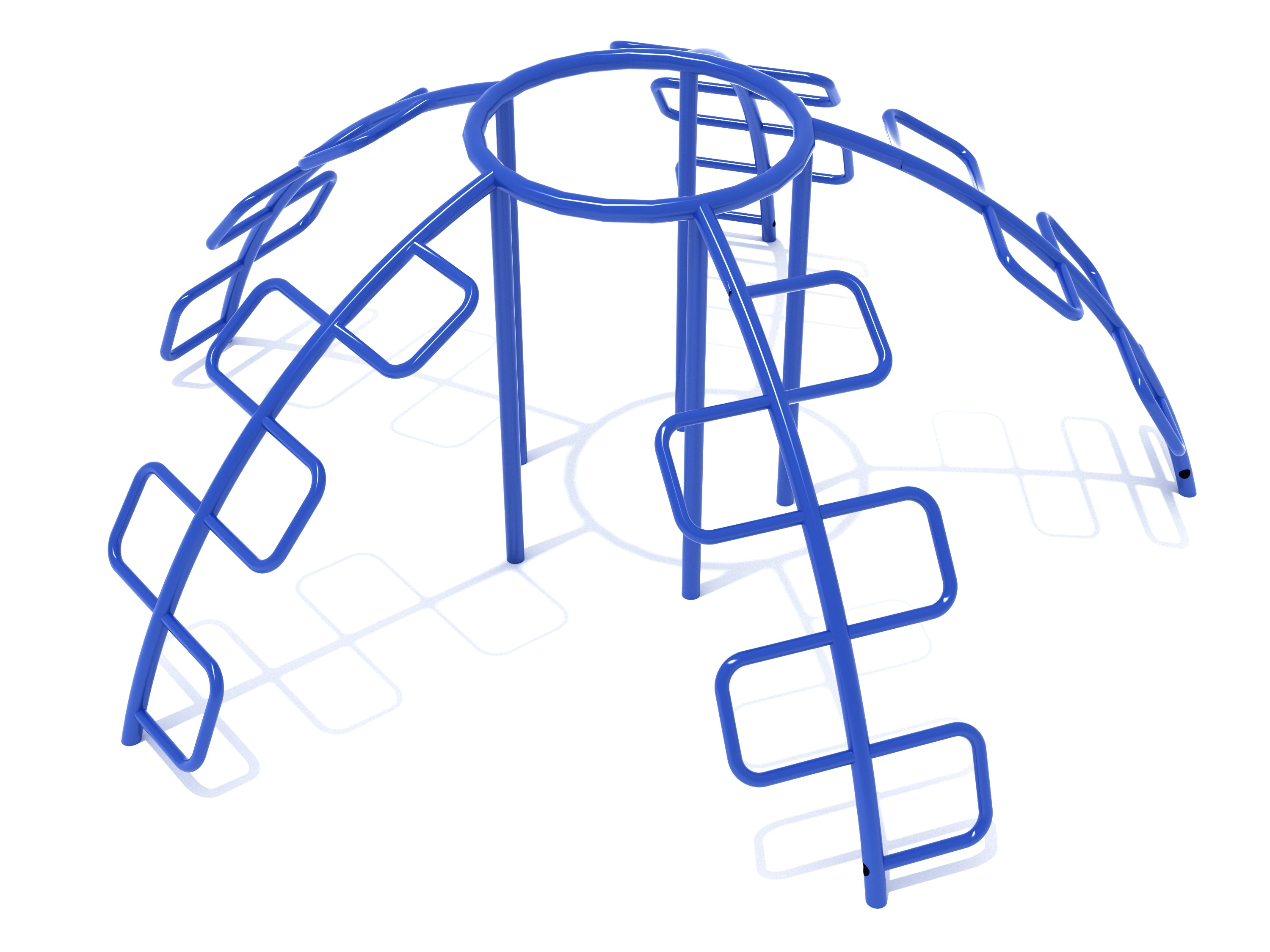 Five-Way Snake Climbing Dome with five blue arched climbing routes converging at a circular top, colorful playground equipment