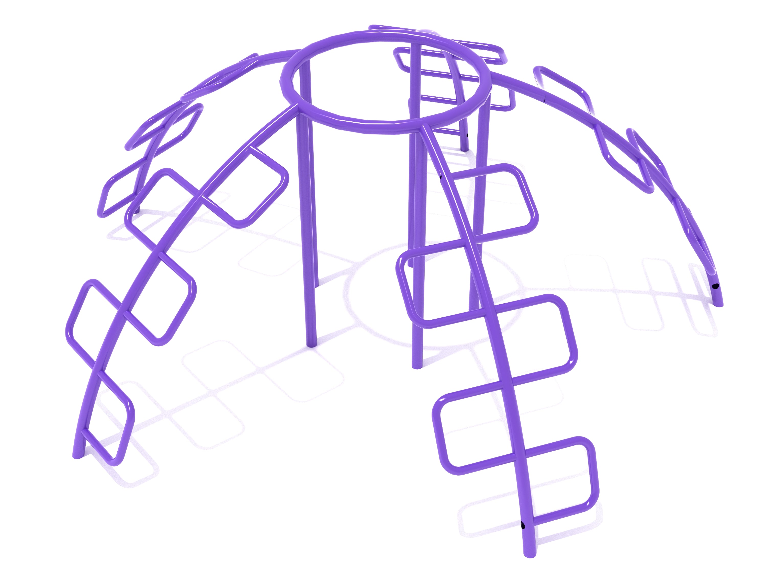 Purple five-arched climbing dome with zig-zag ladder rungs converging at a circular top, playground climbing equipment