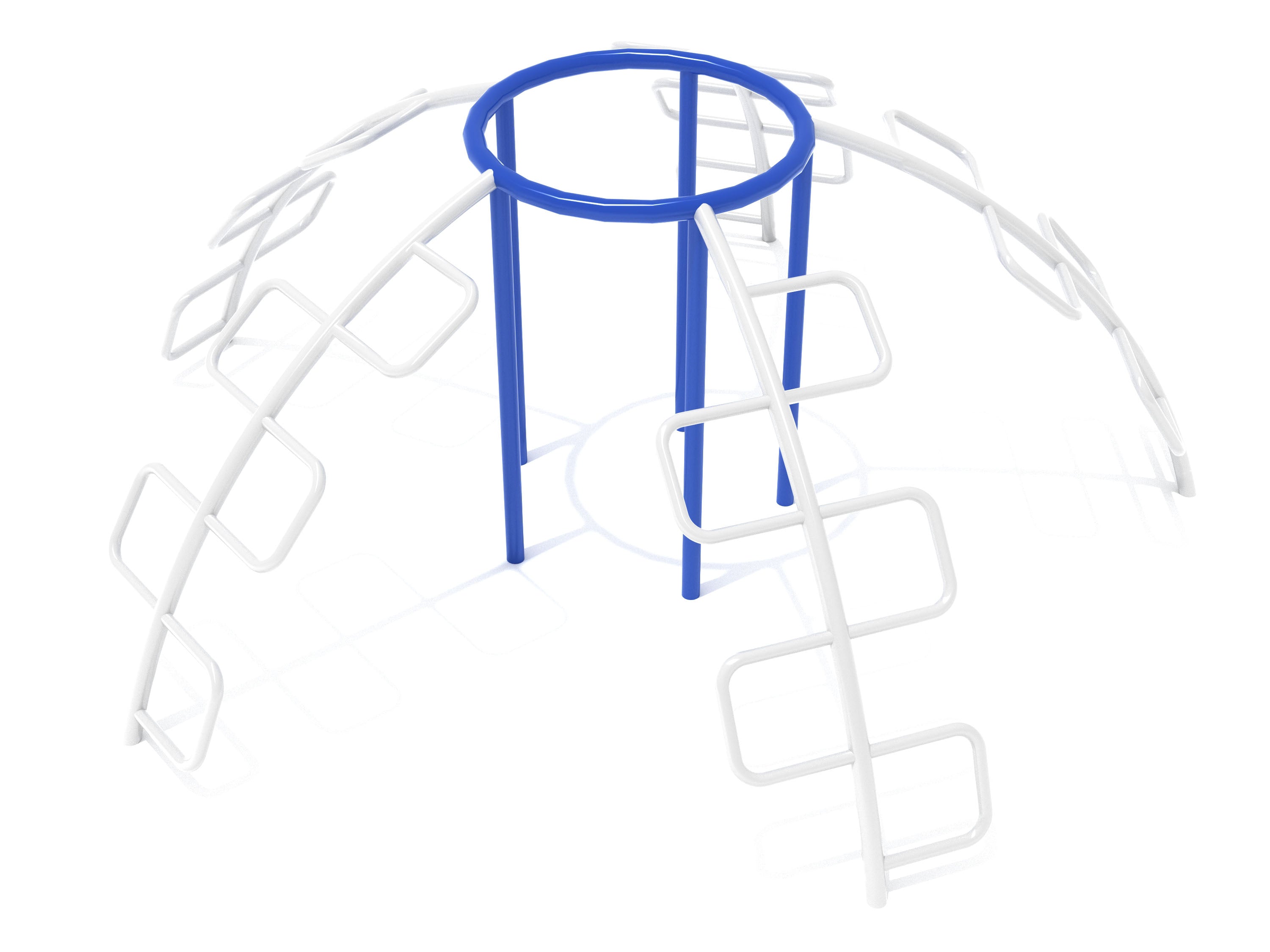 Five-way climbing dome with five white arched ladders converging at a blue circular top, playground equipment