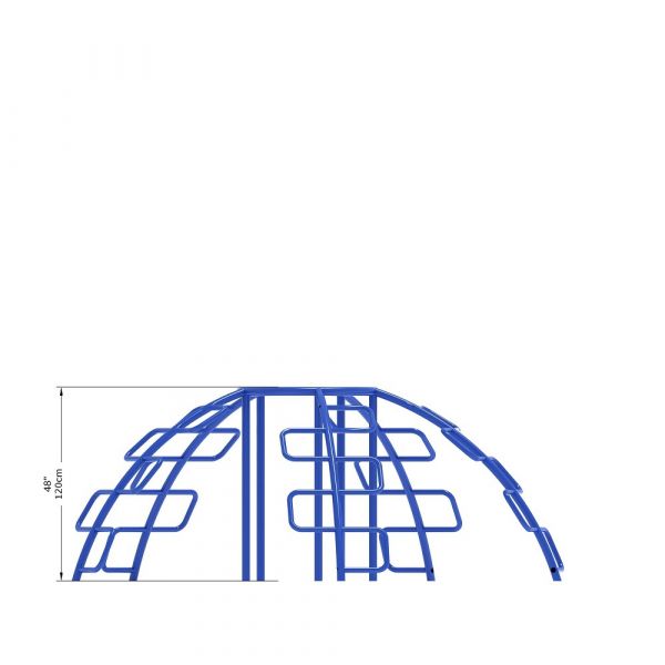 Blue five-arched snake-shaped climbing dome with zig-zag ladders converging at a circular summit, playground equipment