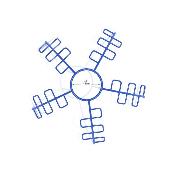 Overhead view of a blue five-way climbing dome with zig-zag ladder routes converging at a circular center