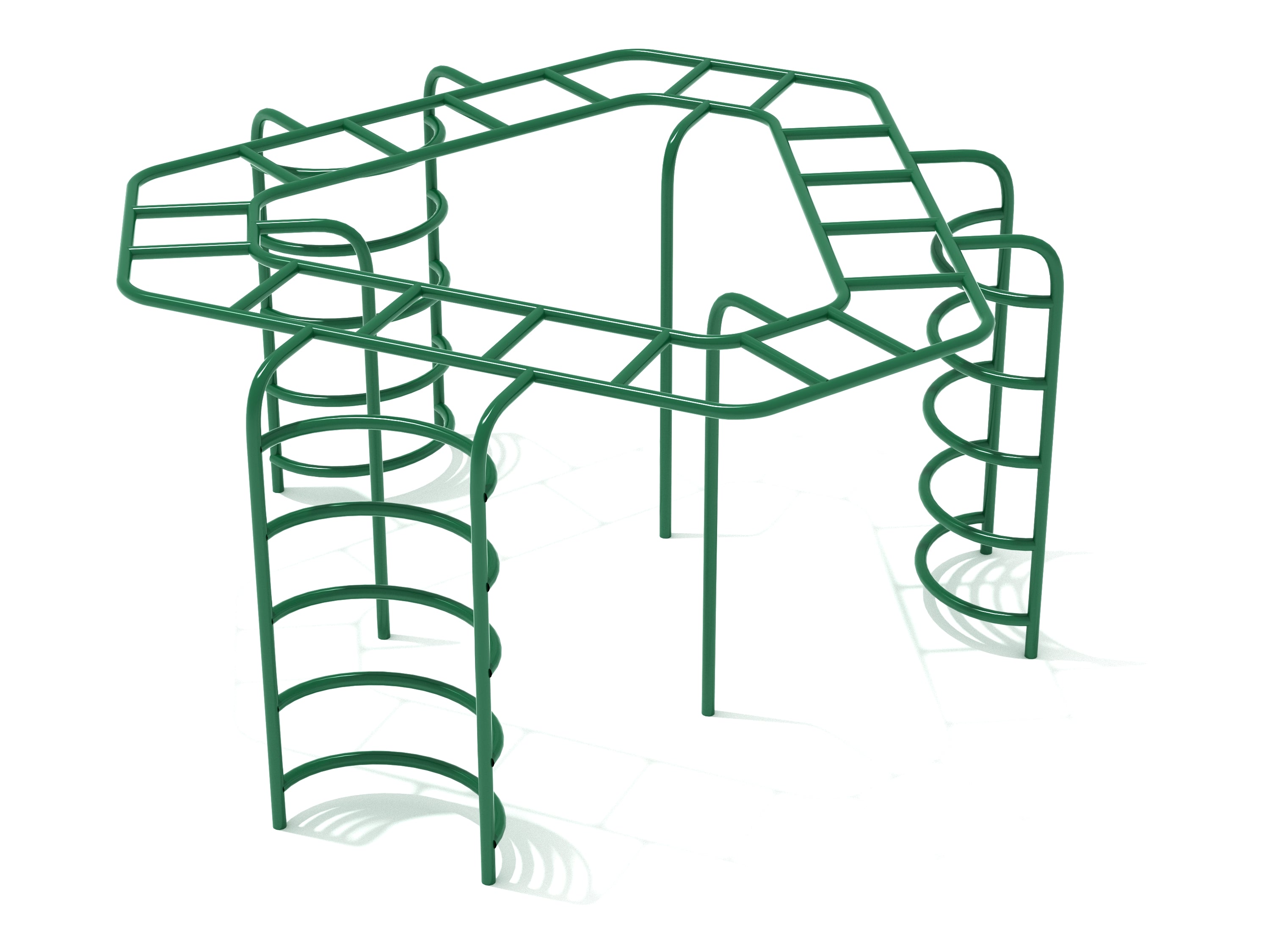 Triangle Overhead Ladder Climber in green metal with multiple climbing routes and circular ladder entrances for active play