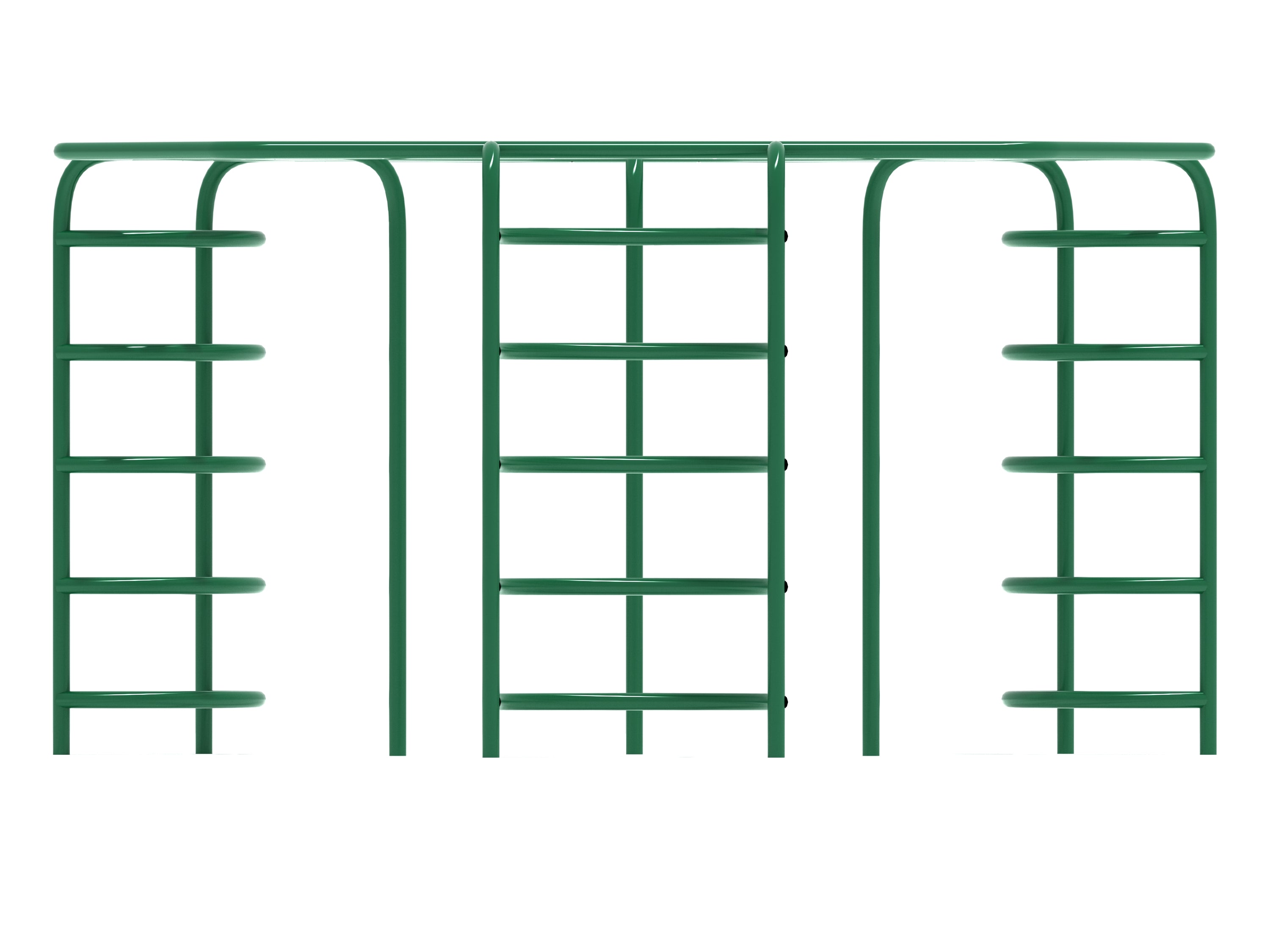 Green triangular overhead ladder climber with multiple rungs and looping entrances for dynamic playground climbing and active play