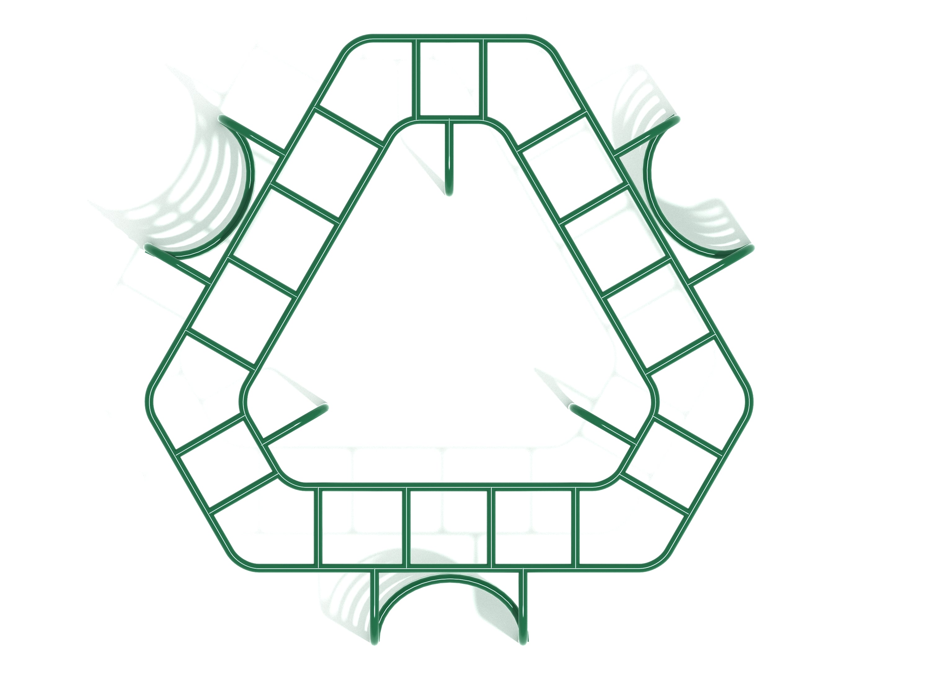 Overhead view of green triangular metal playground climber with multiple entry points and ladder rungs