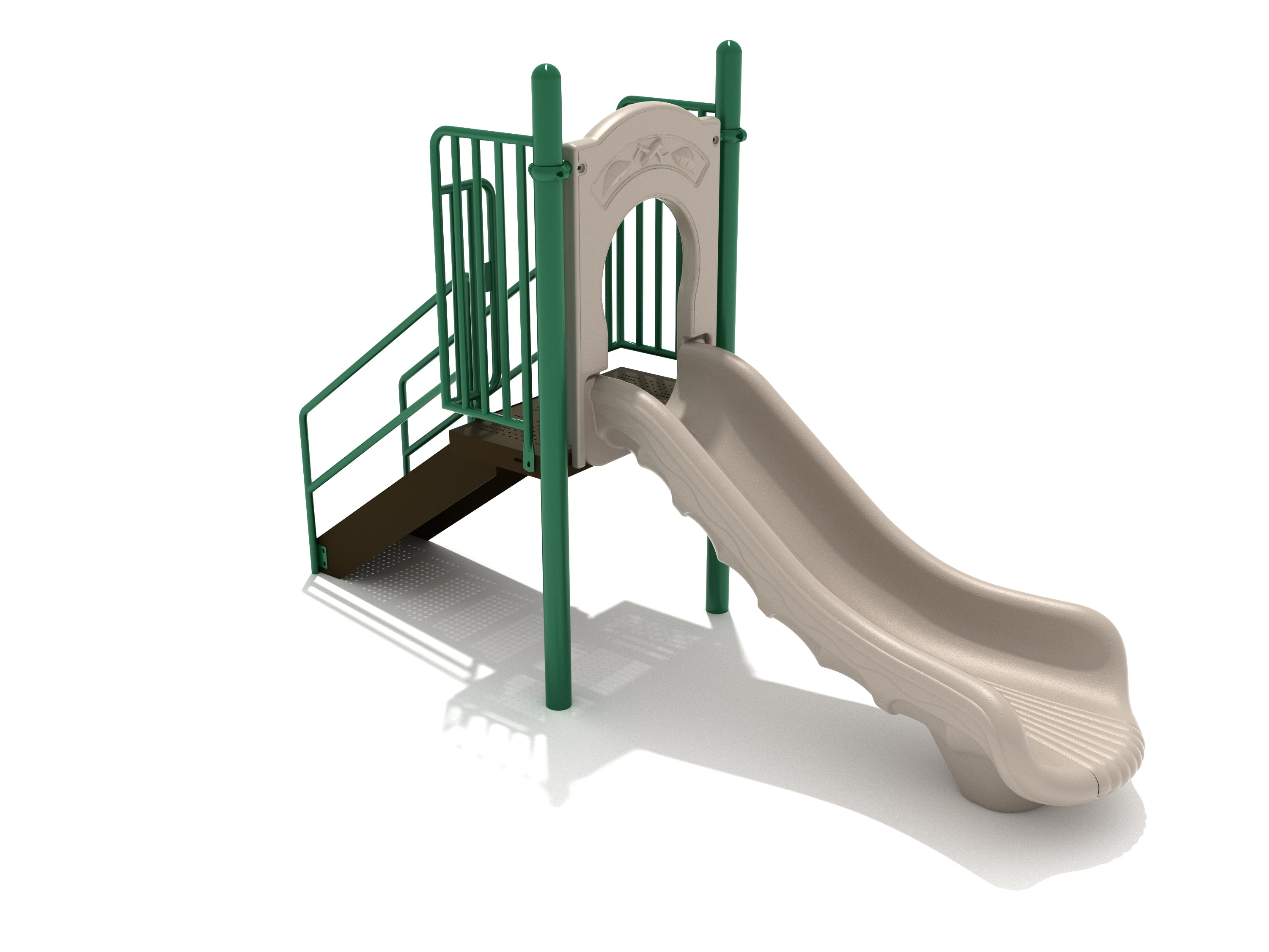 Tan freestanding single straight playground slide with green posts, guardrails, textured steps, and entry arch
