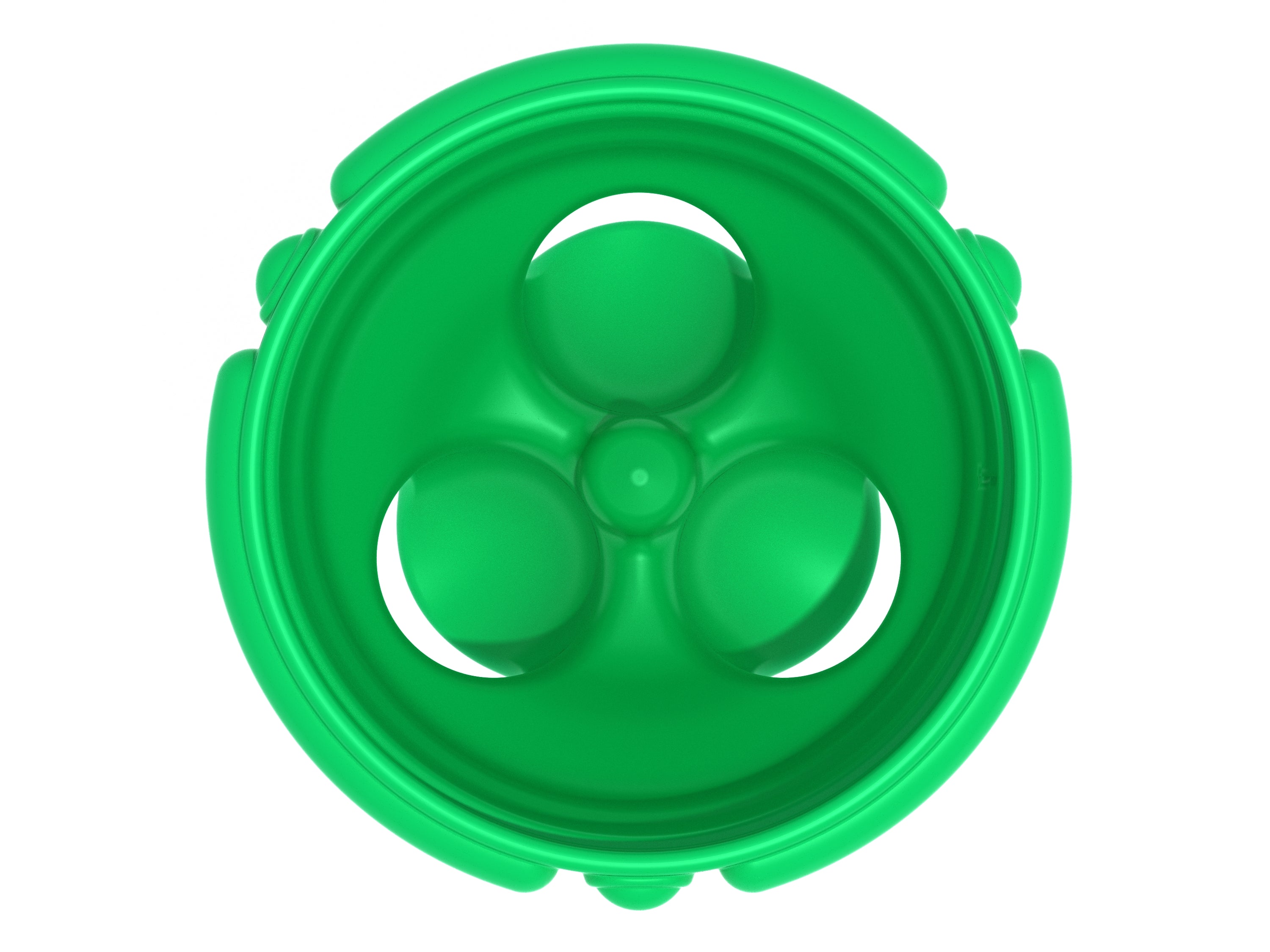 Overhead view of a green plastic funnel with three circular numbered exit holes for playground ball game scoring