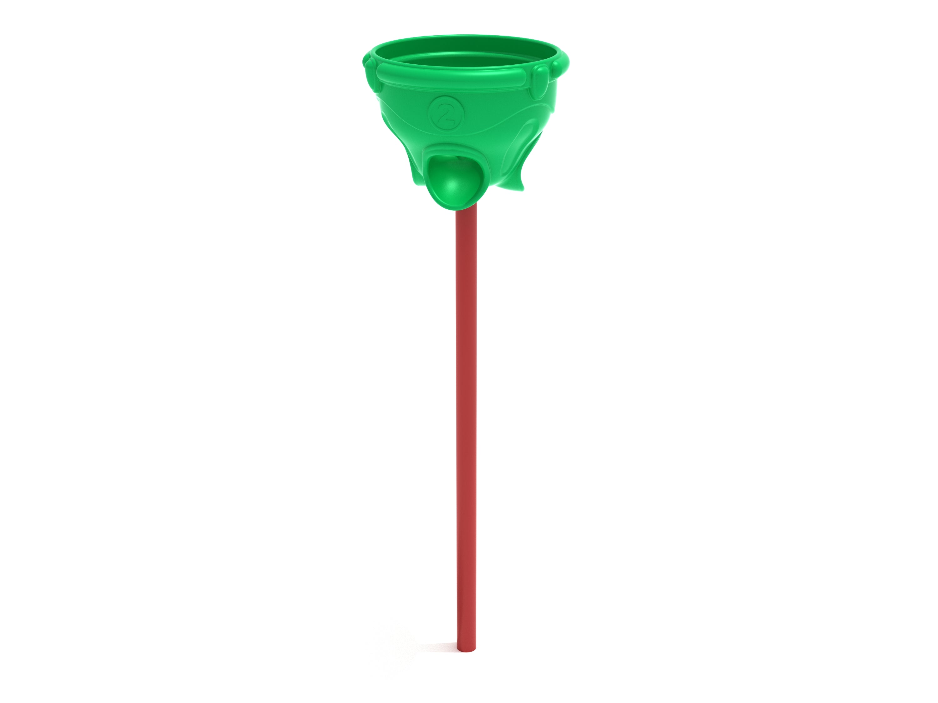 Green funnel with three numbered holes mounted on a red pole for playground ball shooting and scoring game