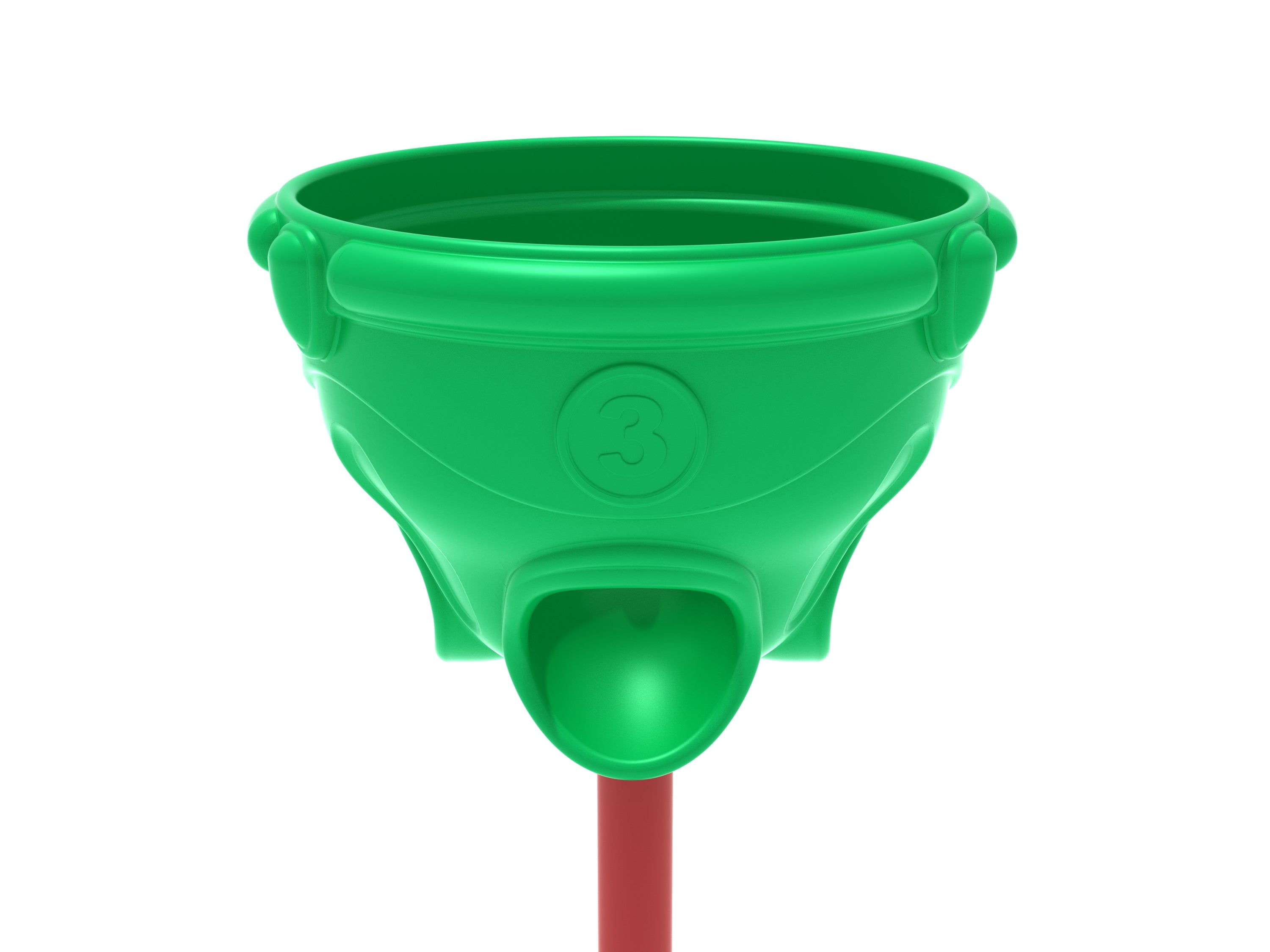 Green funnel-shaped ball game target with three numbered scoring holes on a red post for outdoor play and skill-building.