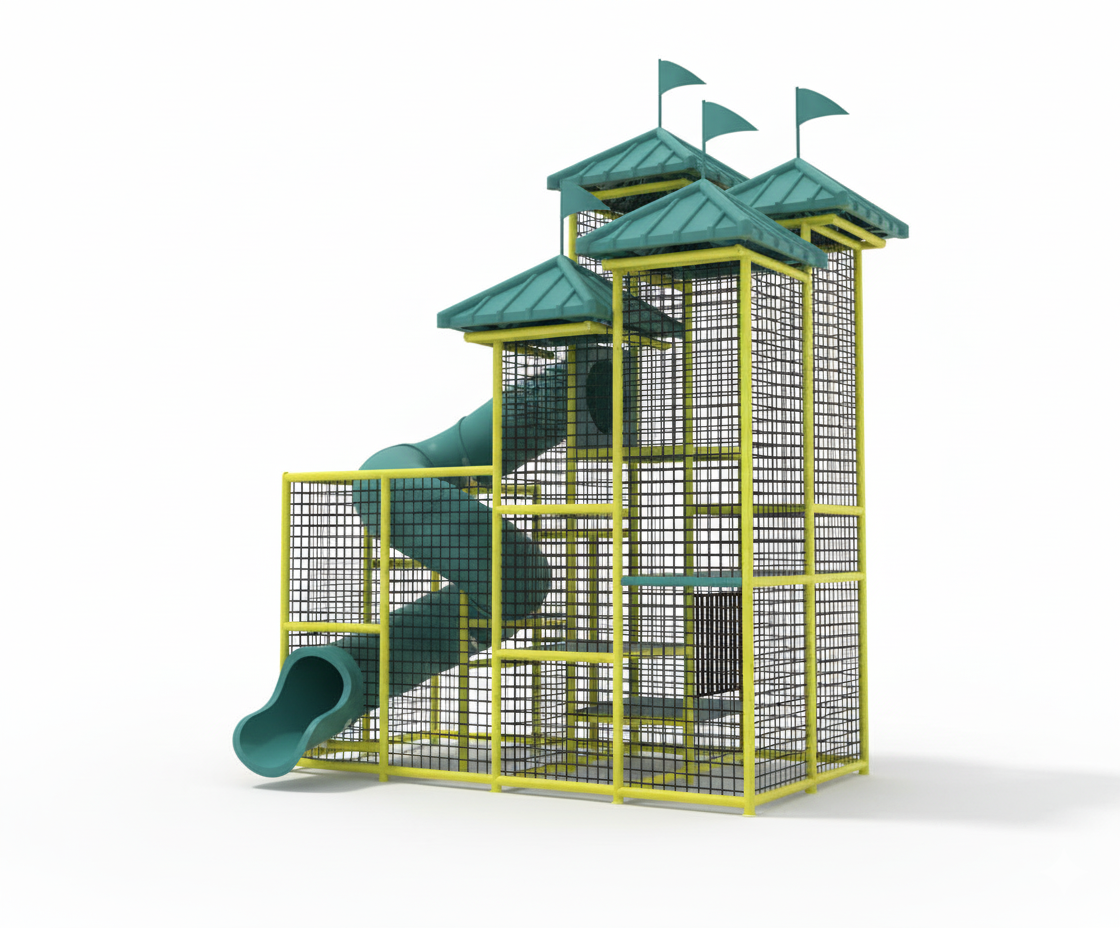 Great Salt Lake Water Slide with teal spiral flume, yellow aluminum frame, mesh safety netting, and teal polyethylene roofs topped with flags