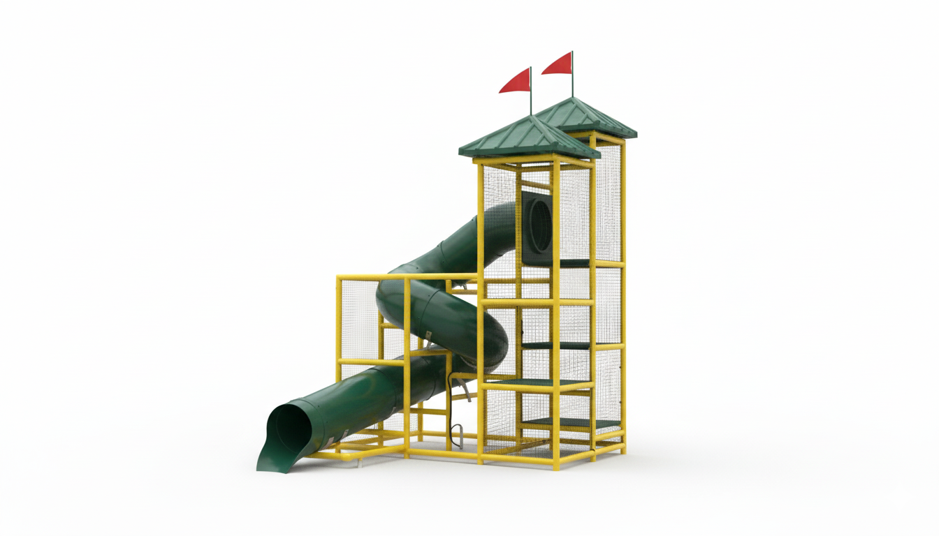Green spiral water slide with yellow metal frame, two green roofs topped with red flags, and safety netting around the structure