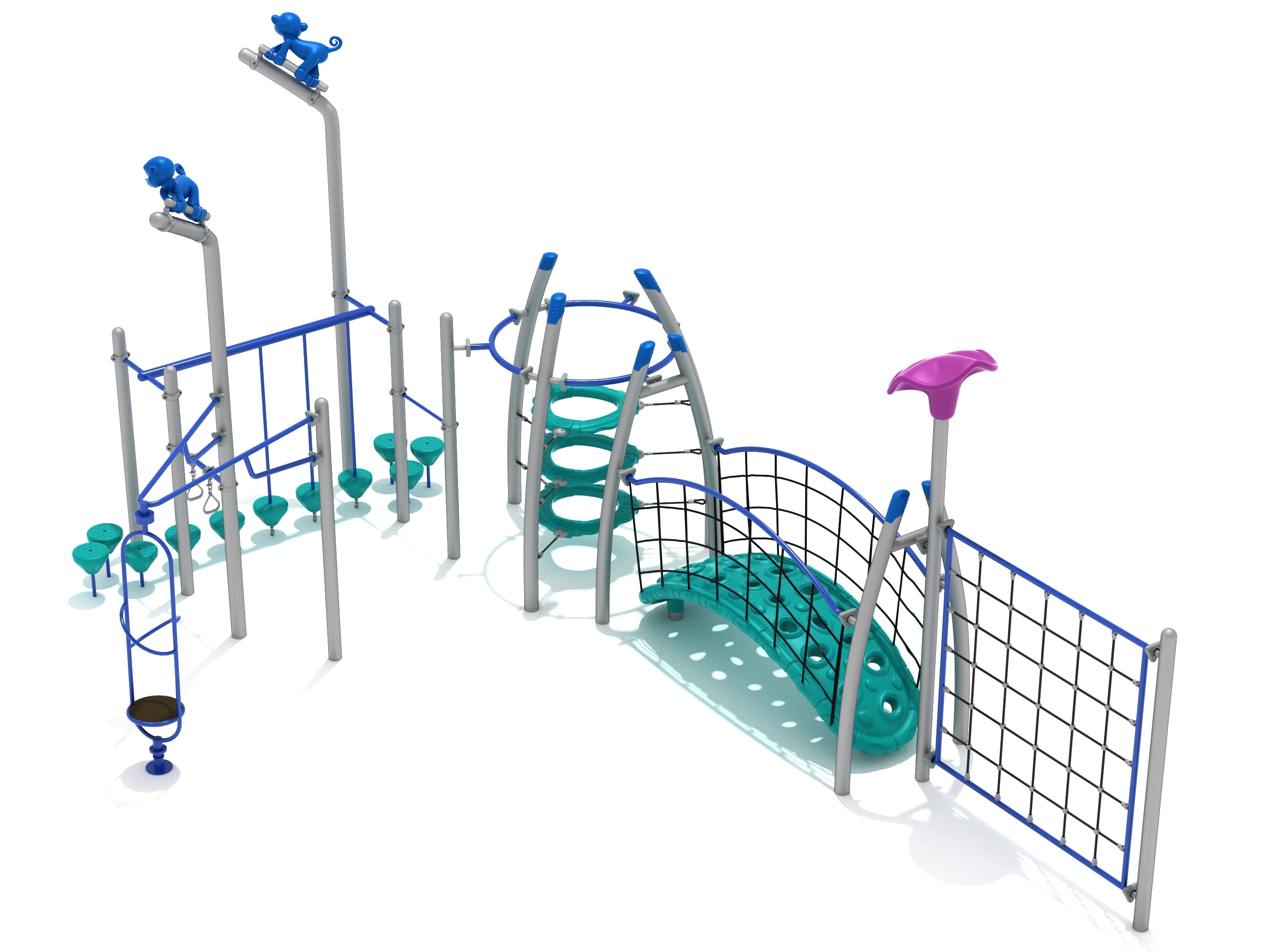 Dellview Fitness Course Playground with climbing nets, balance bridge, rings, and playful monkey-shaped features in blue and teal