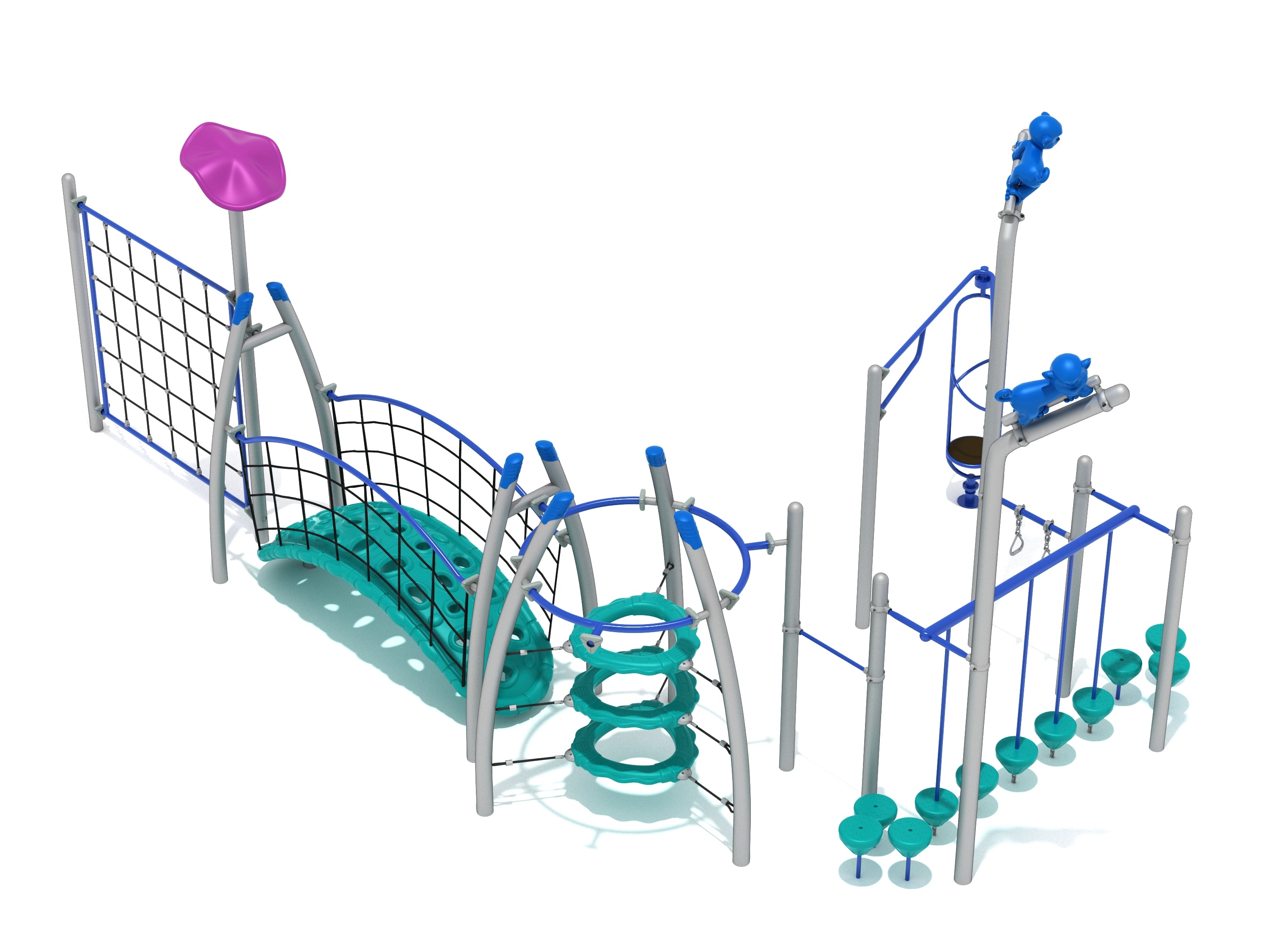 Modern playground with climbing nets, balance stepping pods, ring obstacles, and a purple spinning element