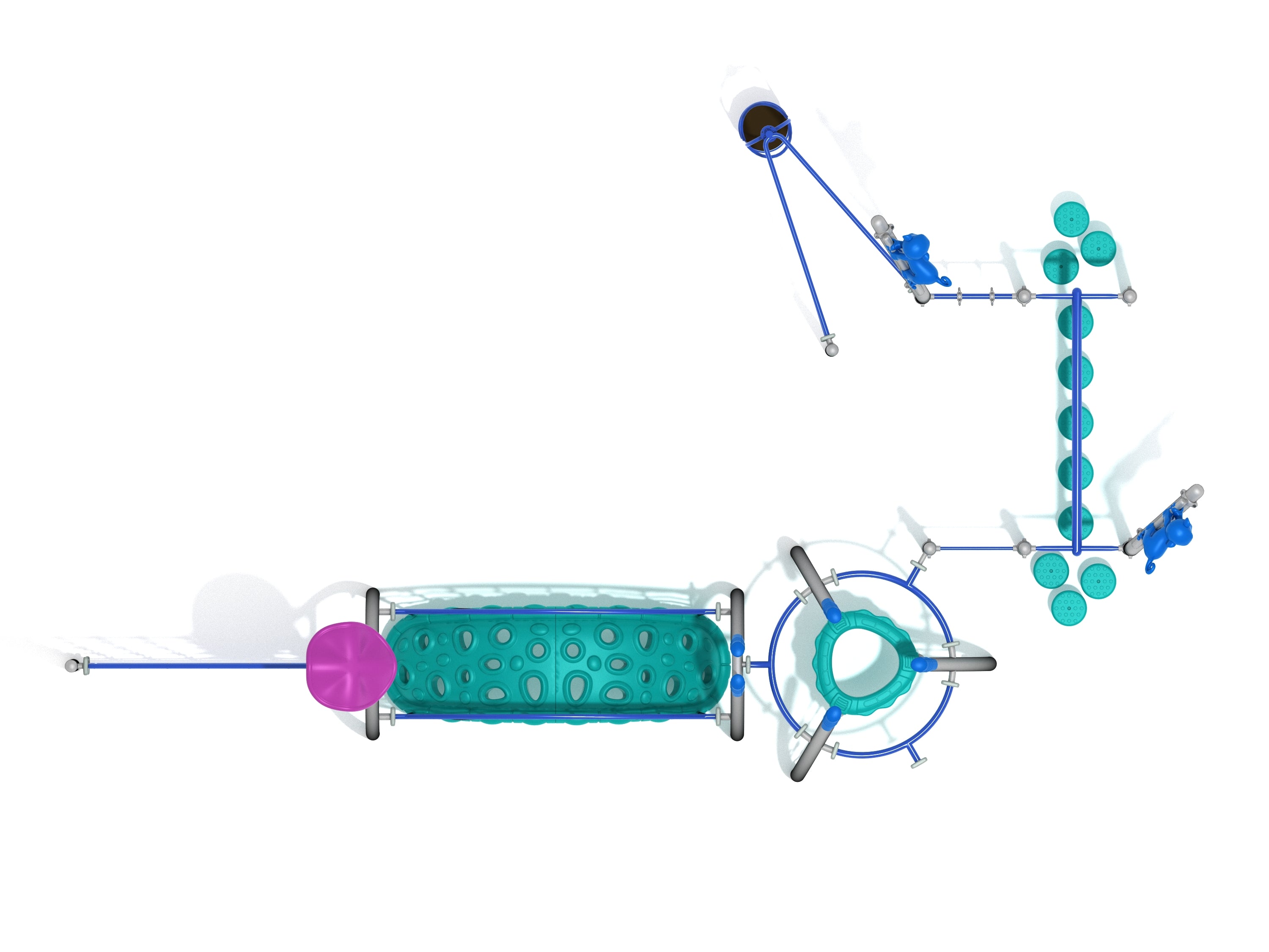 Overhead view of modular playground fitness course with climbing nets, balance stepping pods, and spinning elements in blue and teal colors