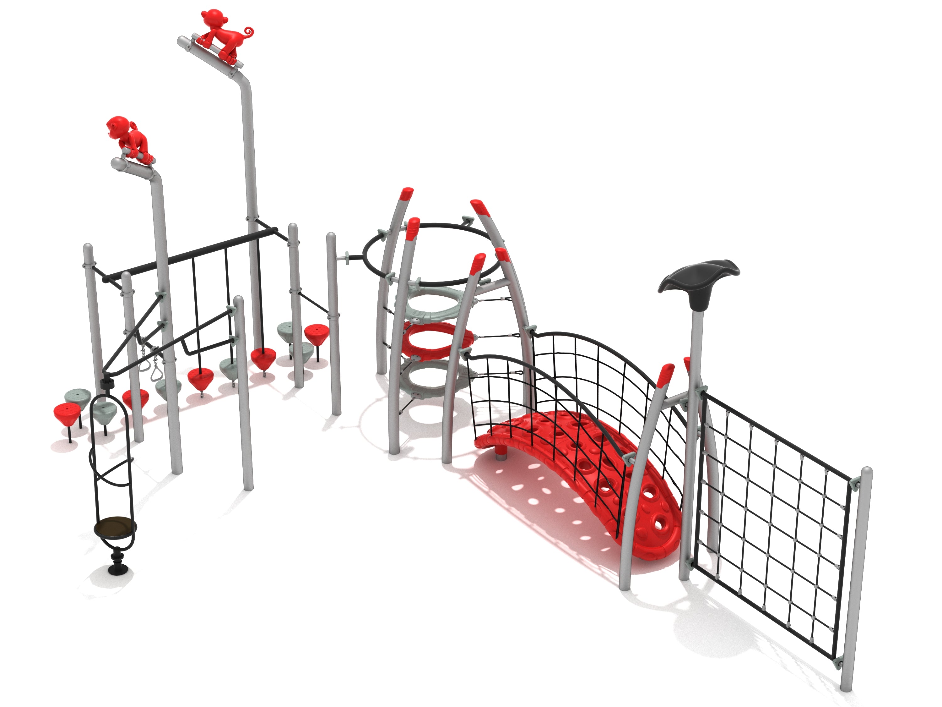 Modern playground with climbing nets, balance pods, circular rings, and animal-shaped features in red and gray.
