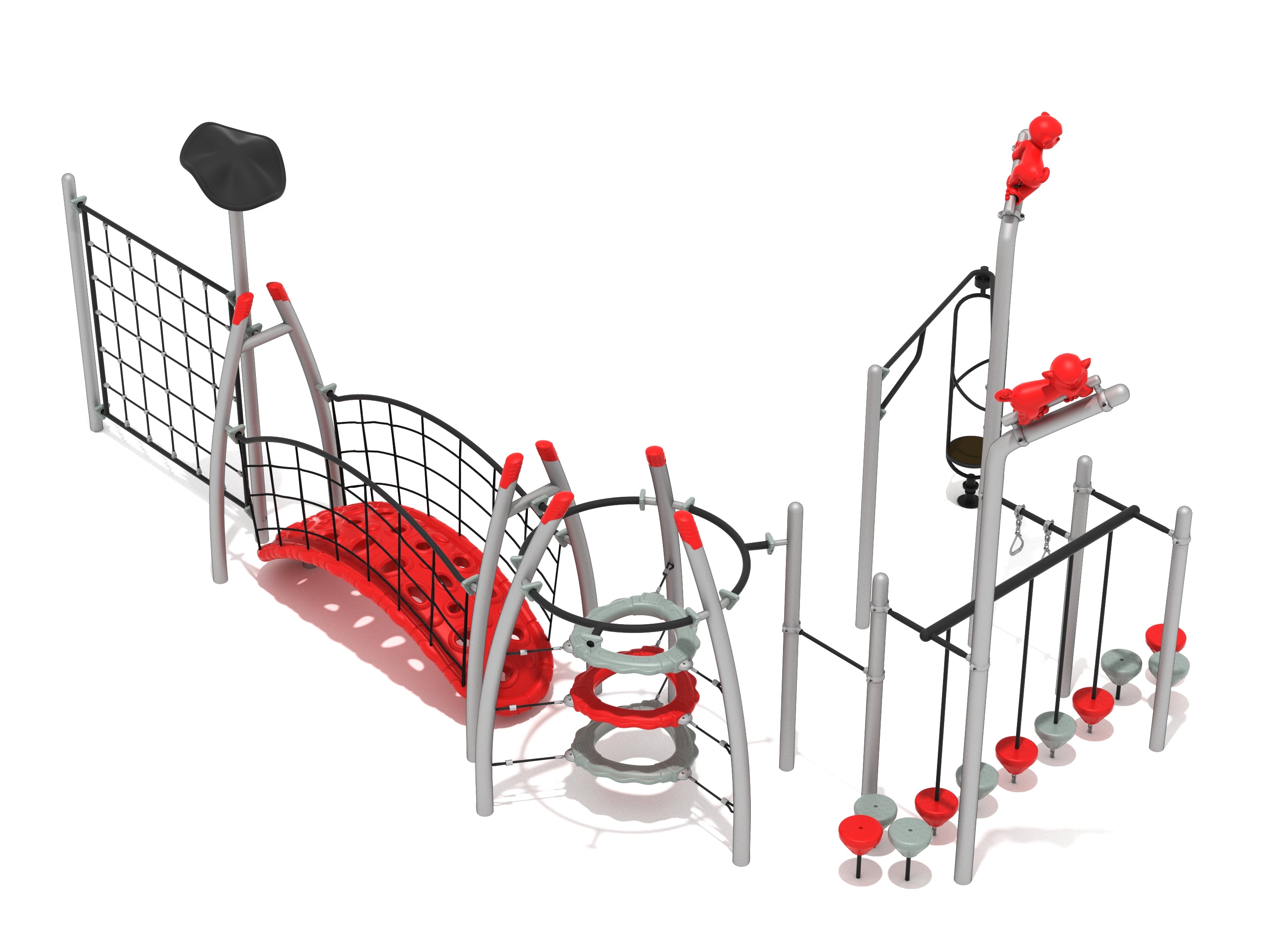 Modern playground fitness course with climbing nets, balance stepping stones, ring towers, and red orb spinners on gray frames