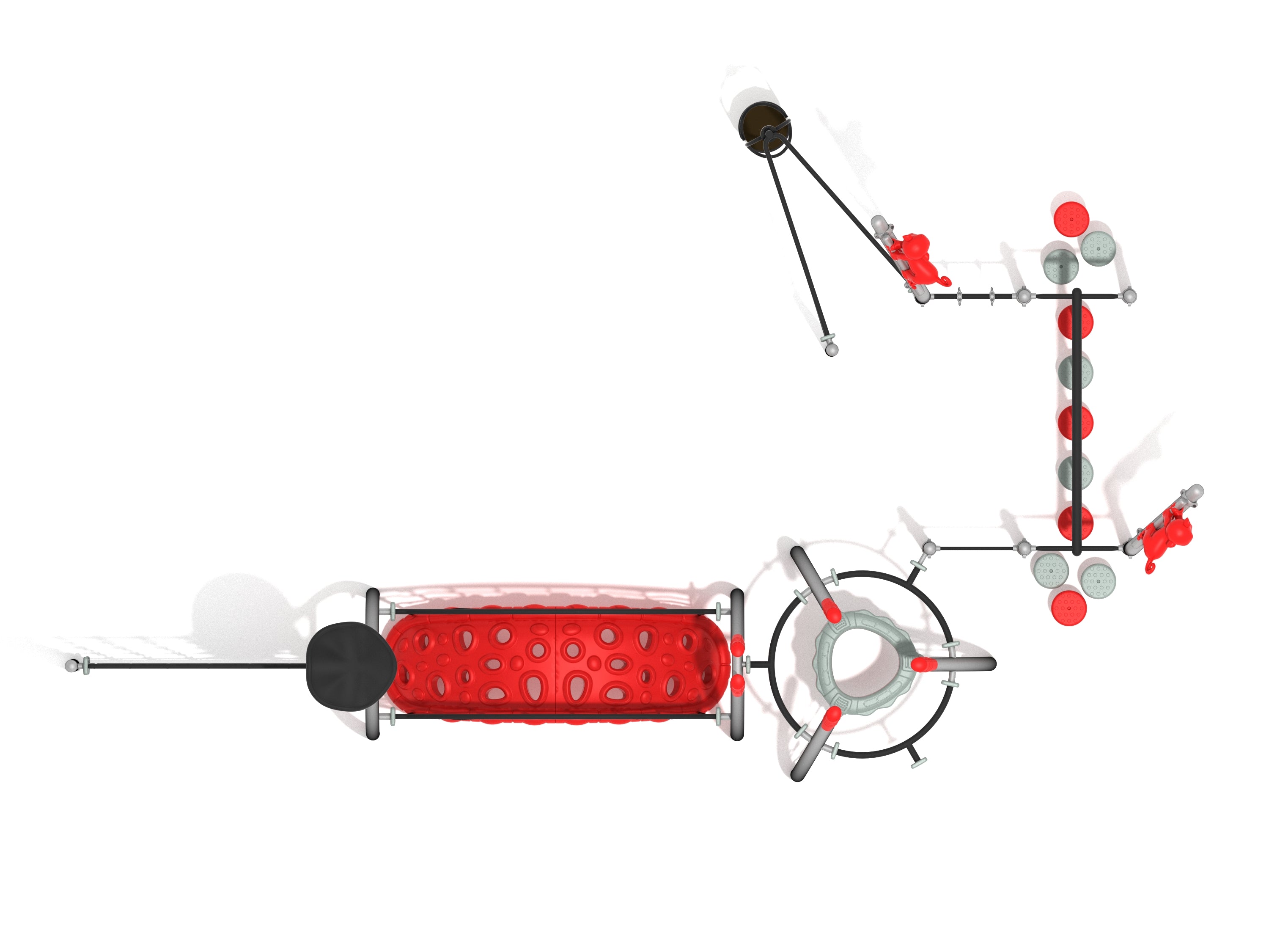 Overhead view of modular playground fitness course with red climbing tunnel, circular net climber, and balance stepping pods