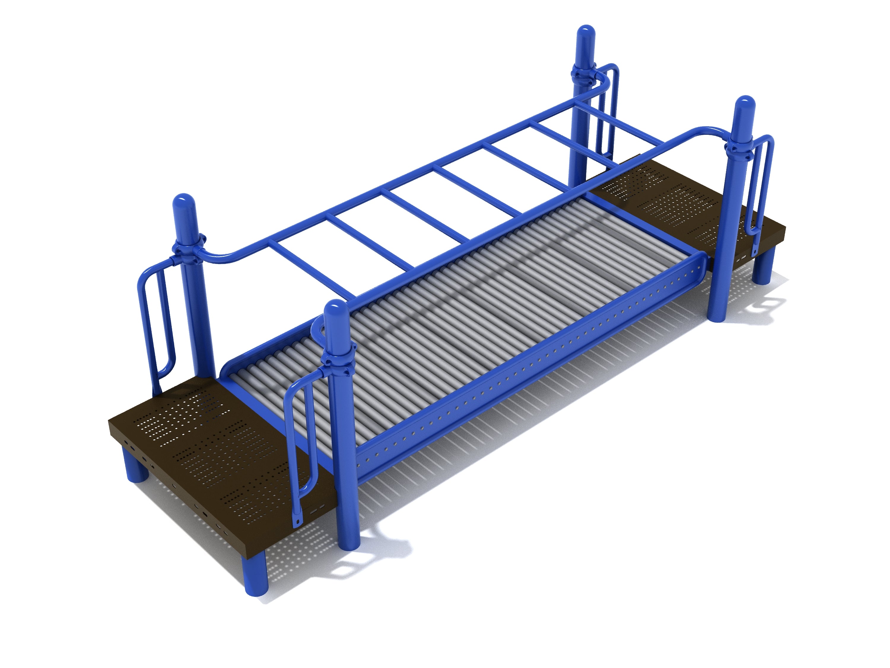 Monkey Bar Roller Slide playground equipment with blue overhead ladder, roller bed, and brown climbing platforms for active play
