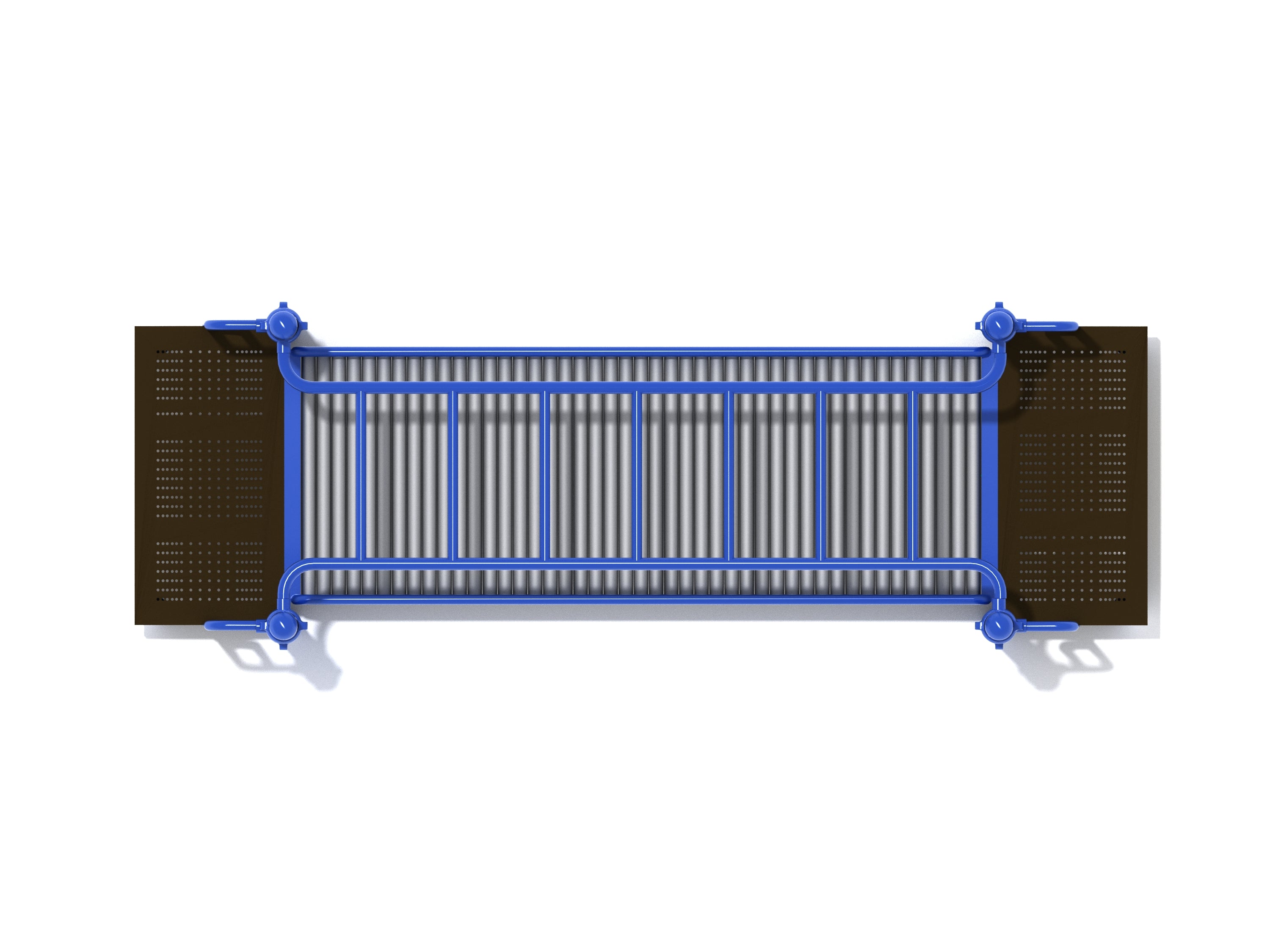 Overhead view of blue metal monkey bar roller slide with gray rolling bars and black platforms on each end