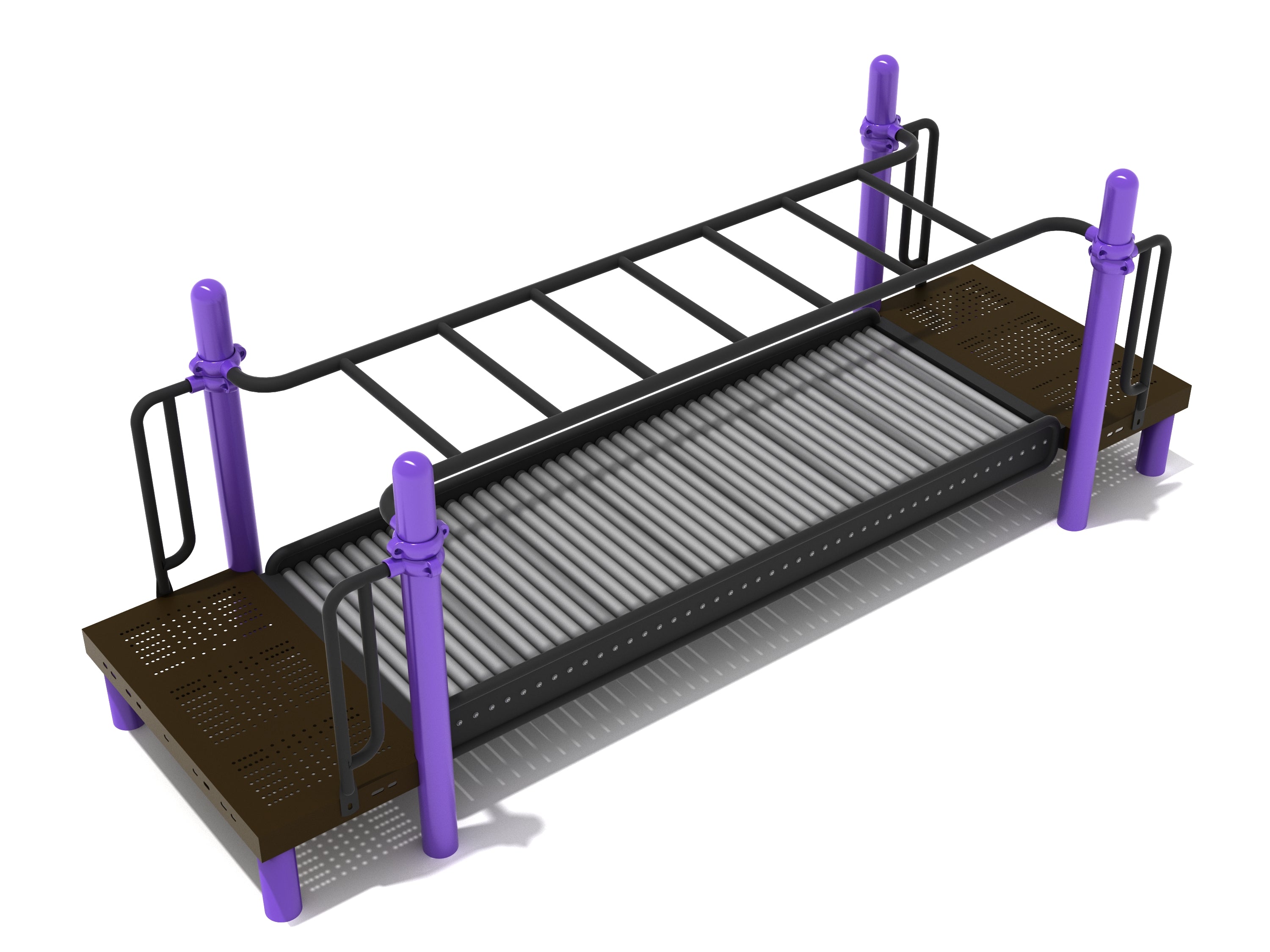 Playground monkey bar roller slide with purple posts, black ladder, brown platforms, and silver rolling bed for climbing and gliding fun
