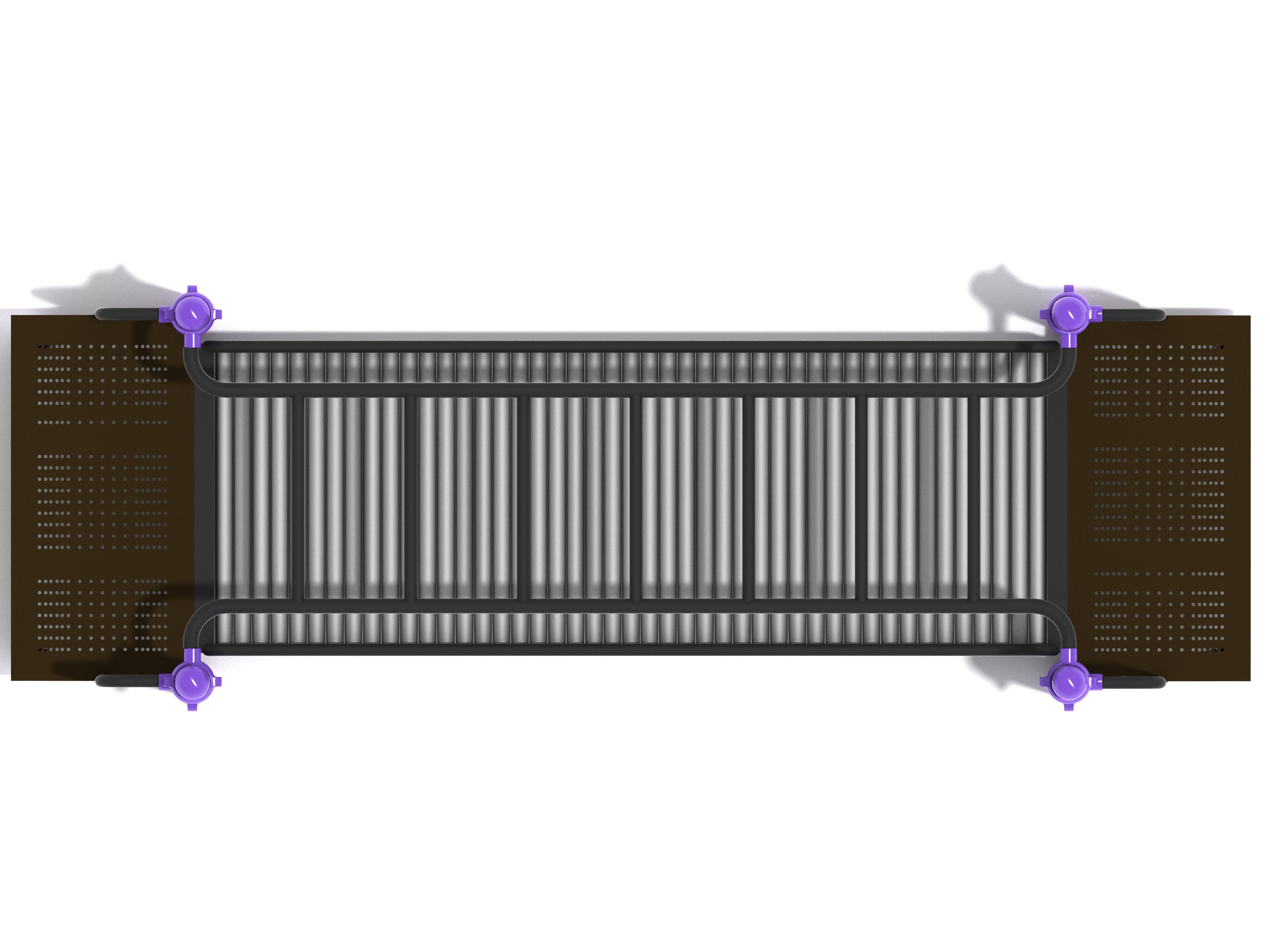Overhead view of playground roller slide with parallel black handrails, purple connectors, and brown perforated platforms at each end