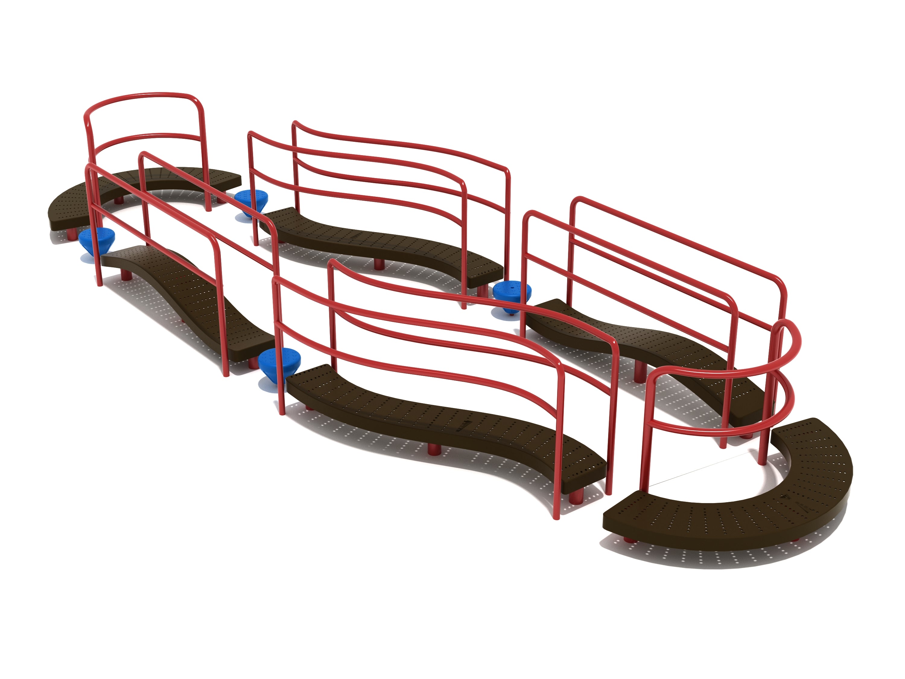 Curved and straight brown balance beams with red steel guardrails and blue stepping pods arranged in an oval layout