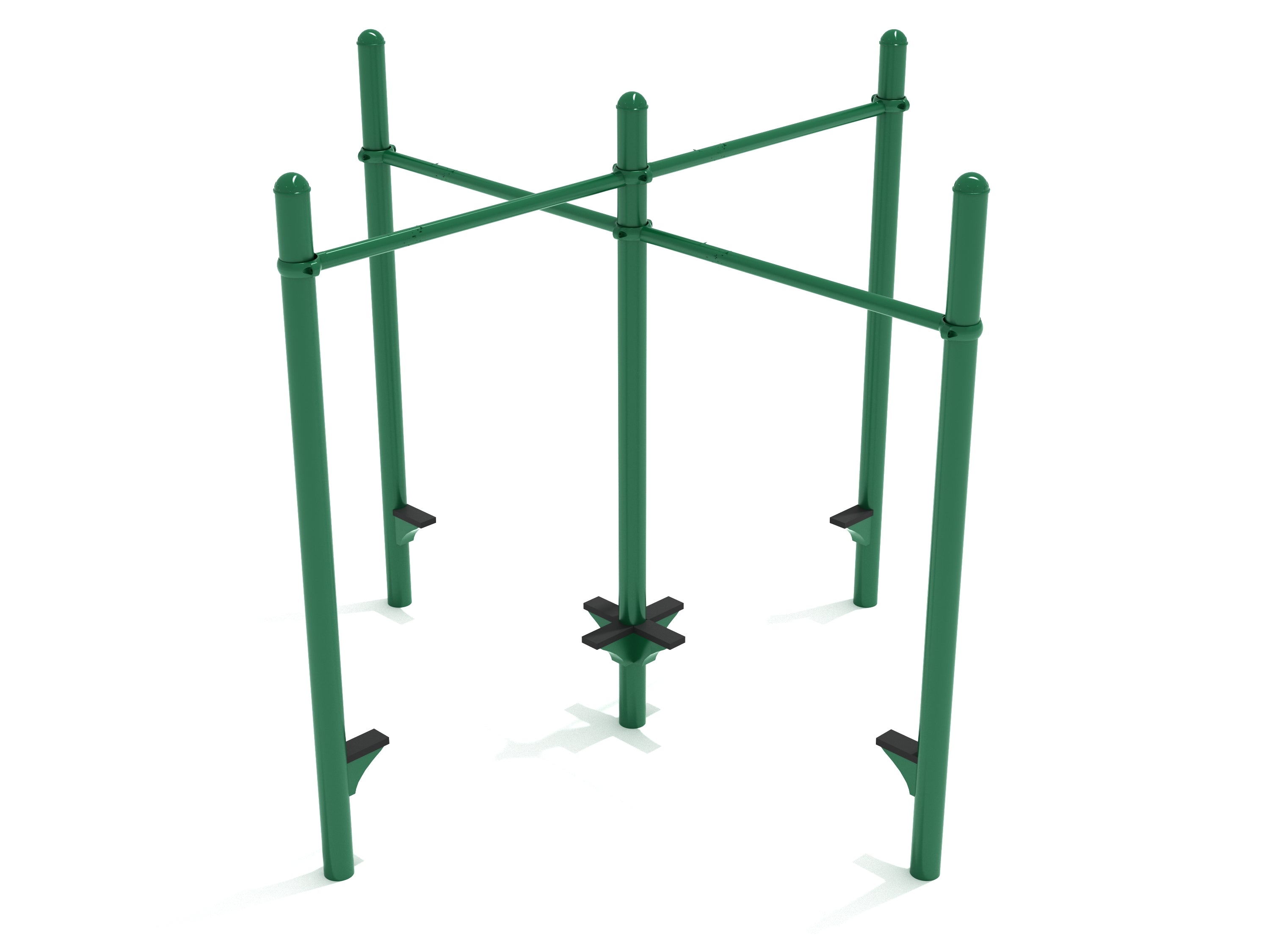 Quadruple Pull-Up Bar Unit with green galvanized steel frame, black step platforms, outdoor fitness equipment for group workouts