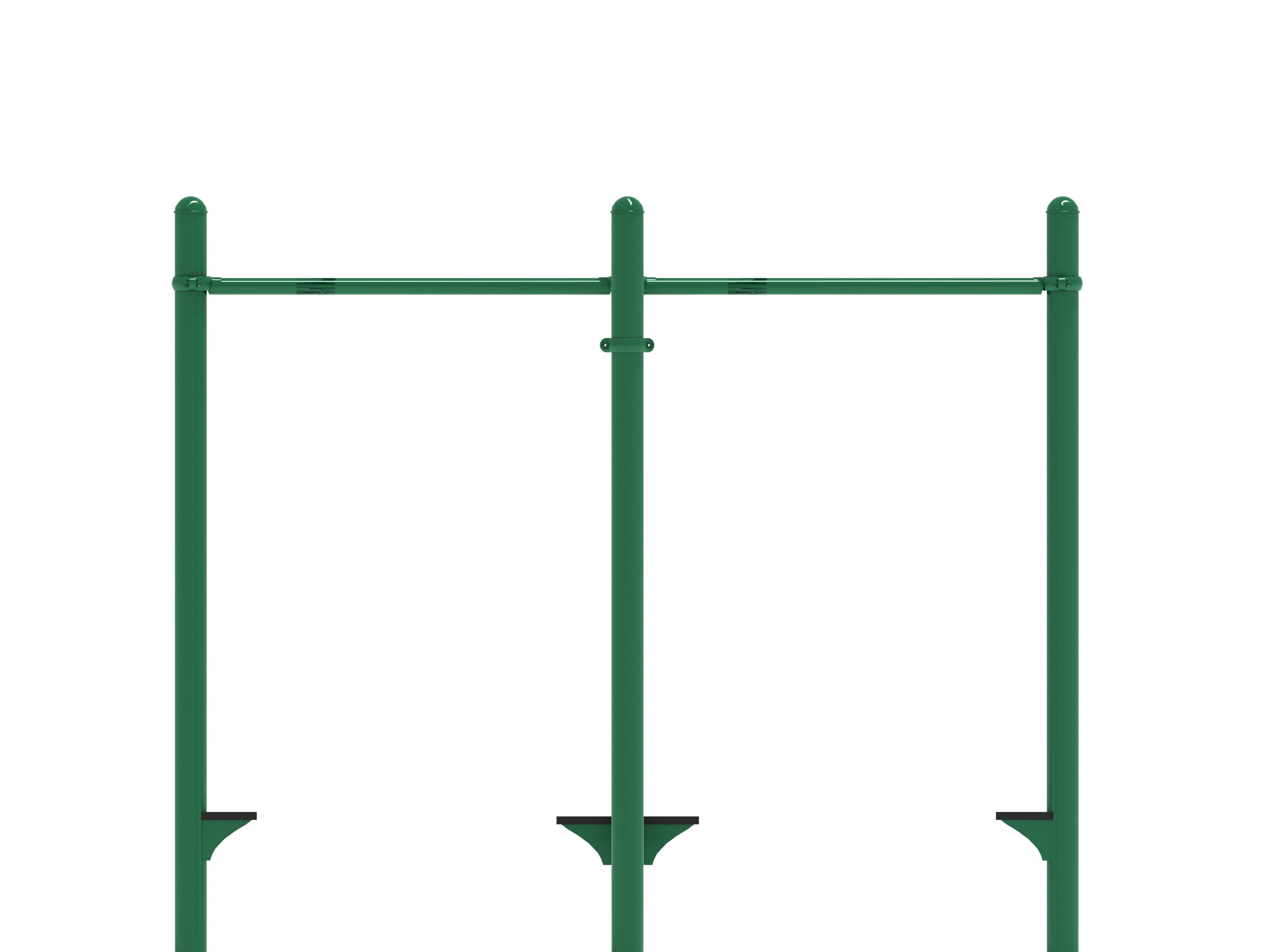 Green galvanized steel outdoor pull-up bar unit with three vertical posts and eight step platforms for multi-user fitness.