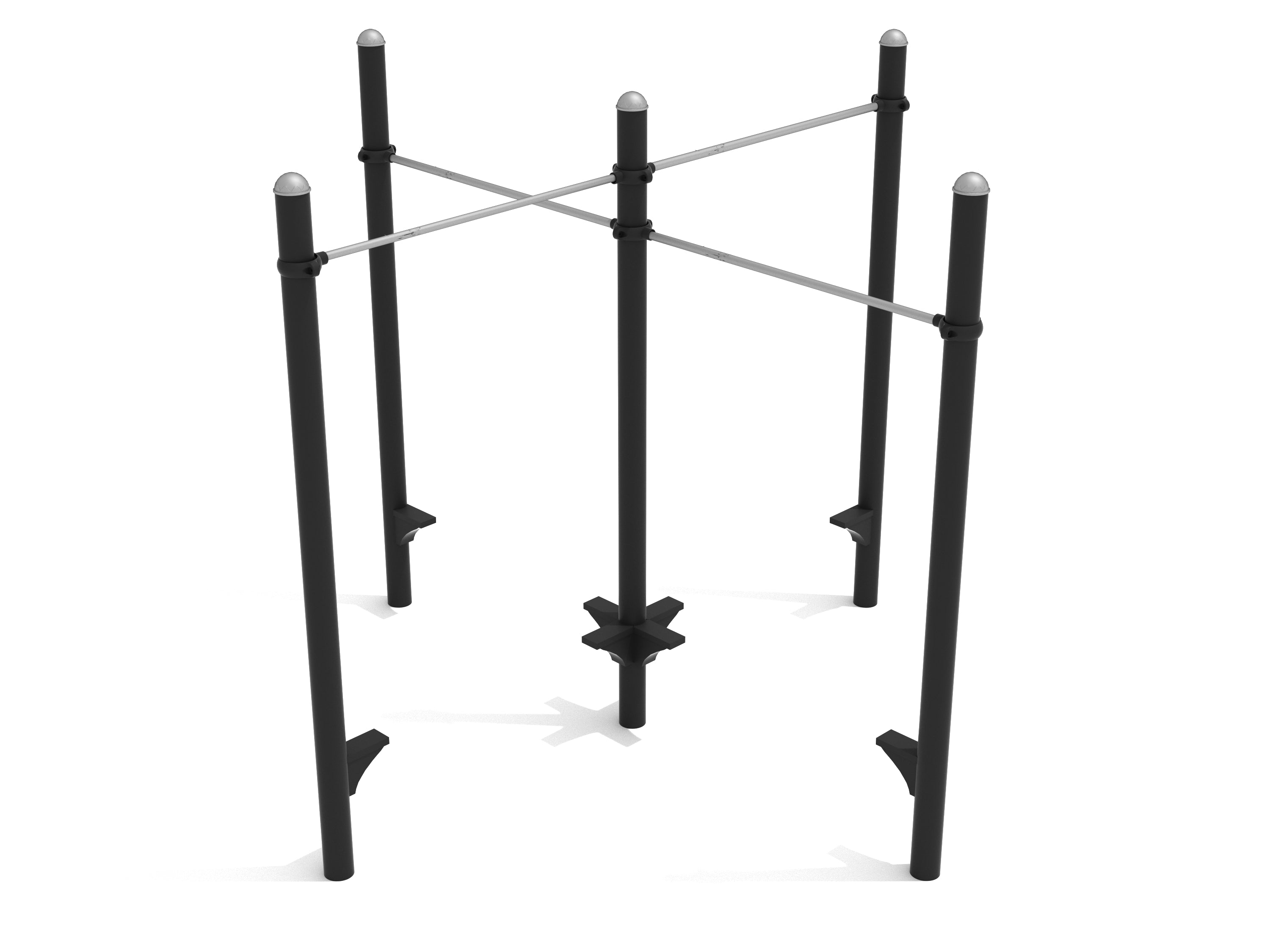 Outdoor fitness pull-up bar unit with four vertical posts, crossbars, and step platforms for multi-user workouts