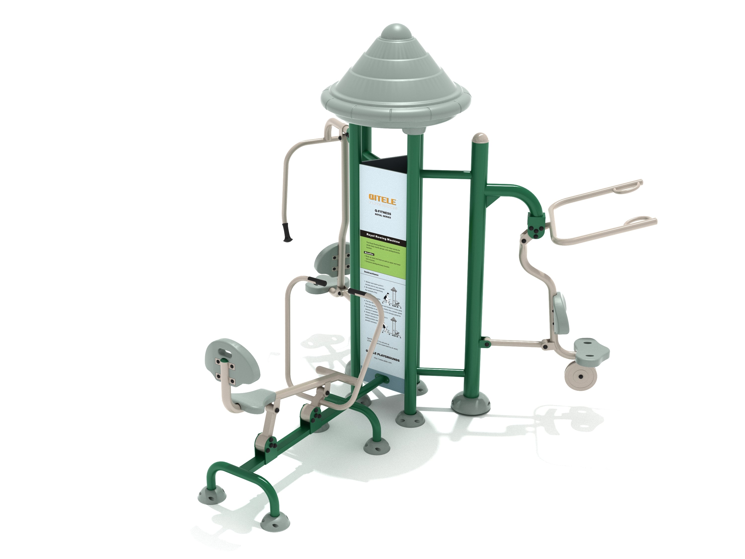 Outdoor upper body workout station with green and beige metal frame, three seats, and multiple exercise handles for simultaneous use.