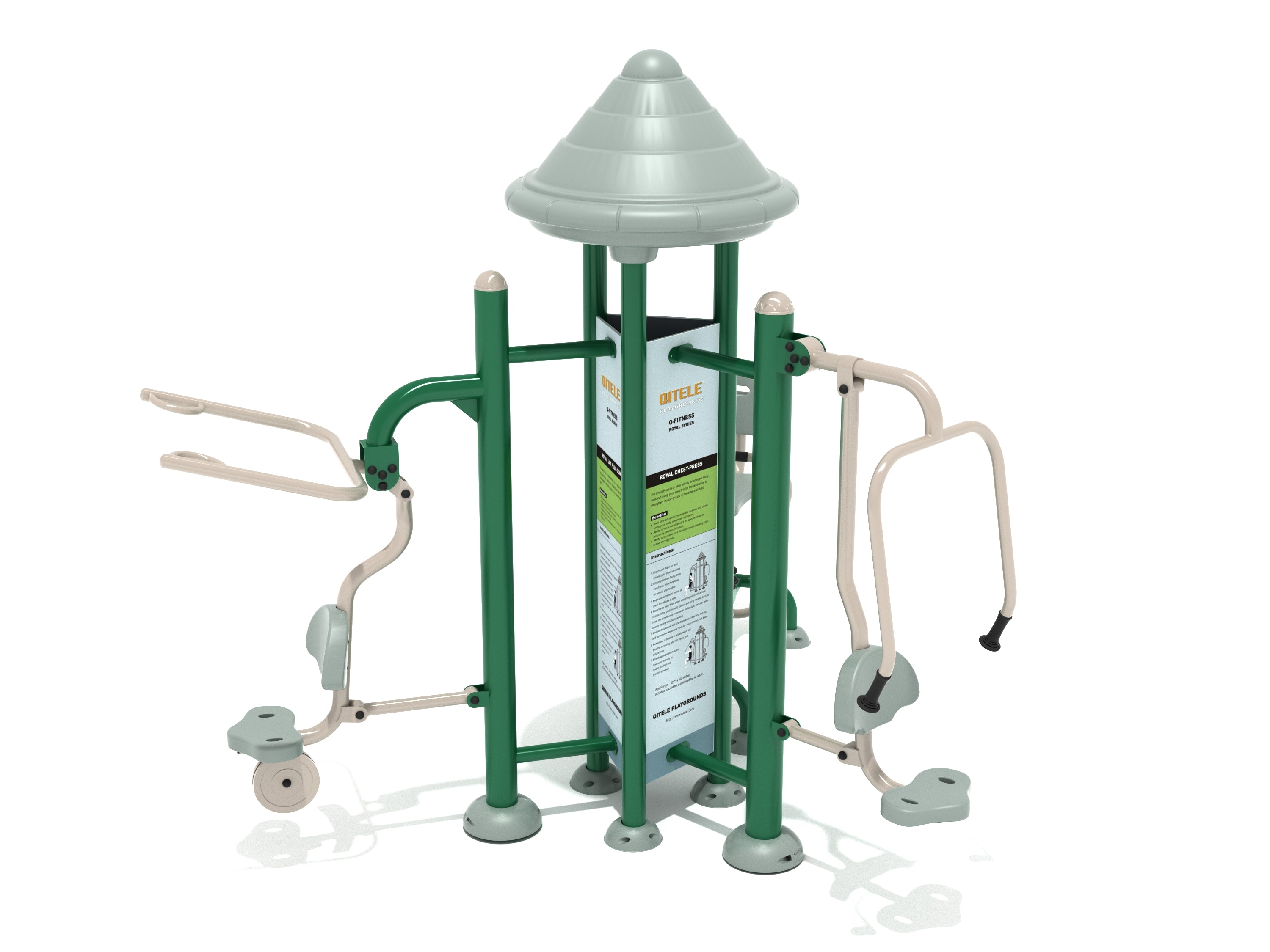 Outdoor triple upper body workout station with green and beige steel frame, three exercise seats, and instructional panels