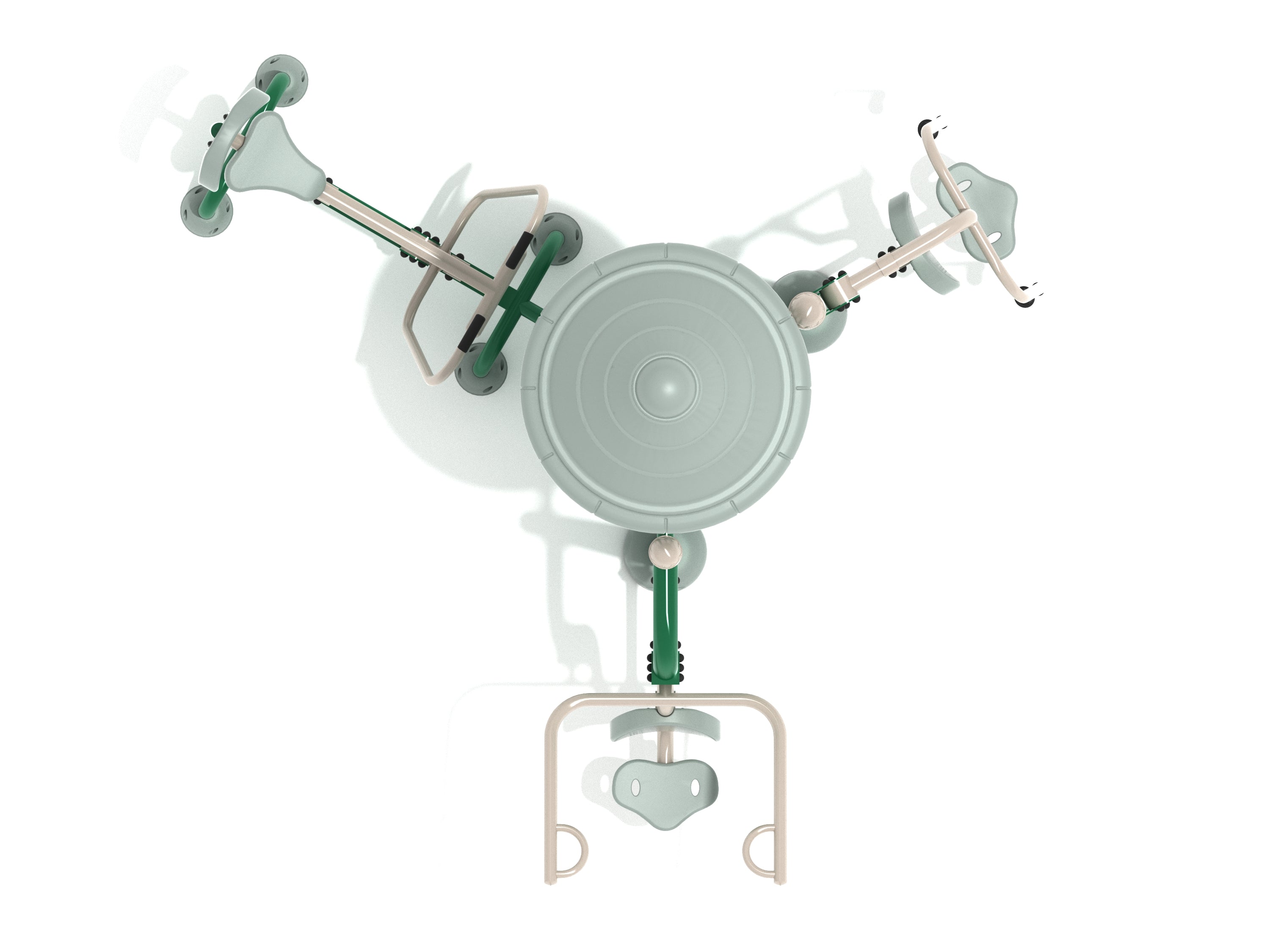 Overhead view of a triple outdoor upper body workout station with three green and beige exercise seats and handles