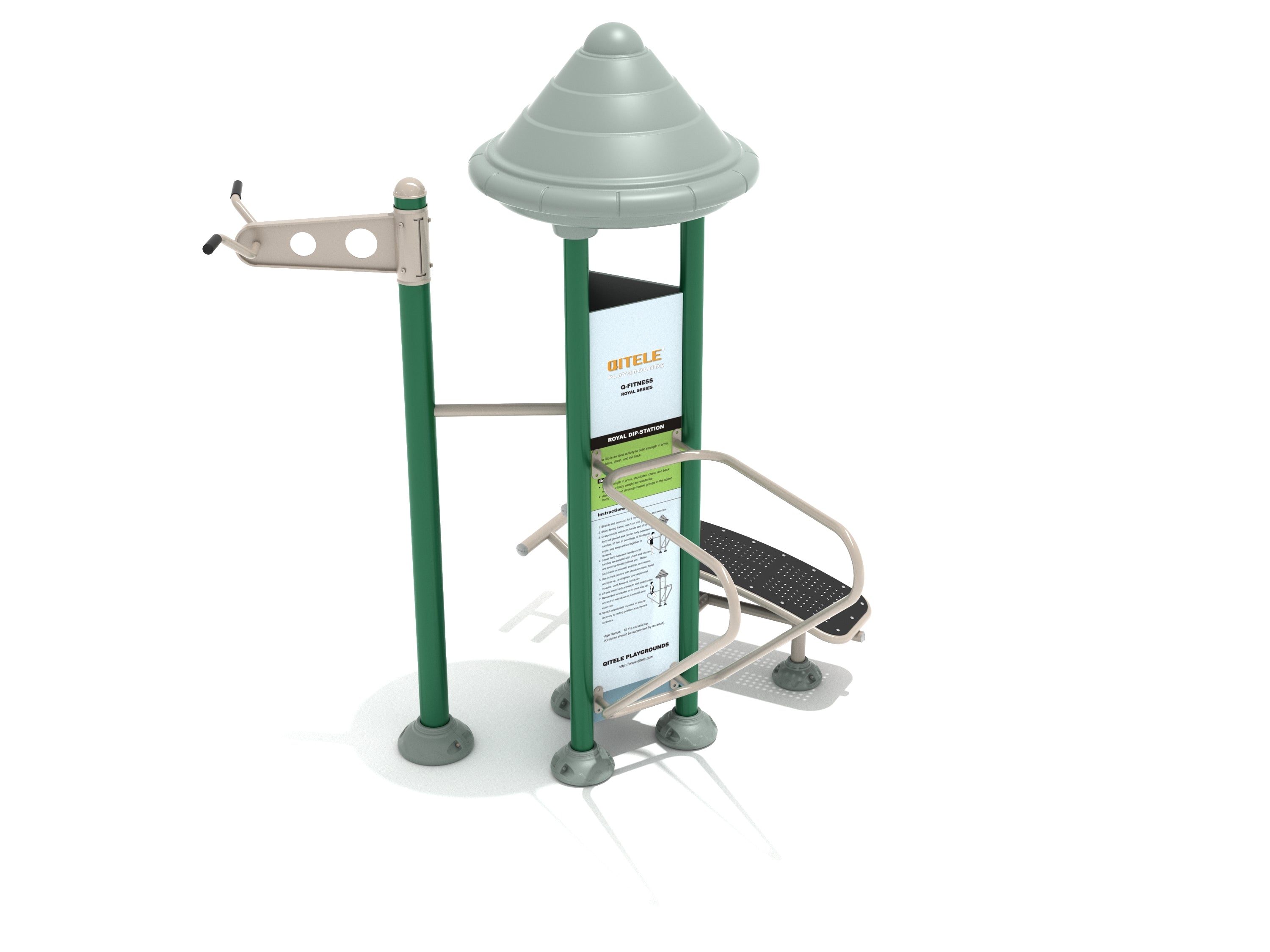 Royal Triple Core Combo Station with green steel frame, pull-up bar, sit-up bench, and curved bars for outdoor fitness