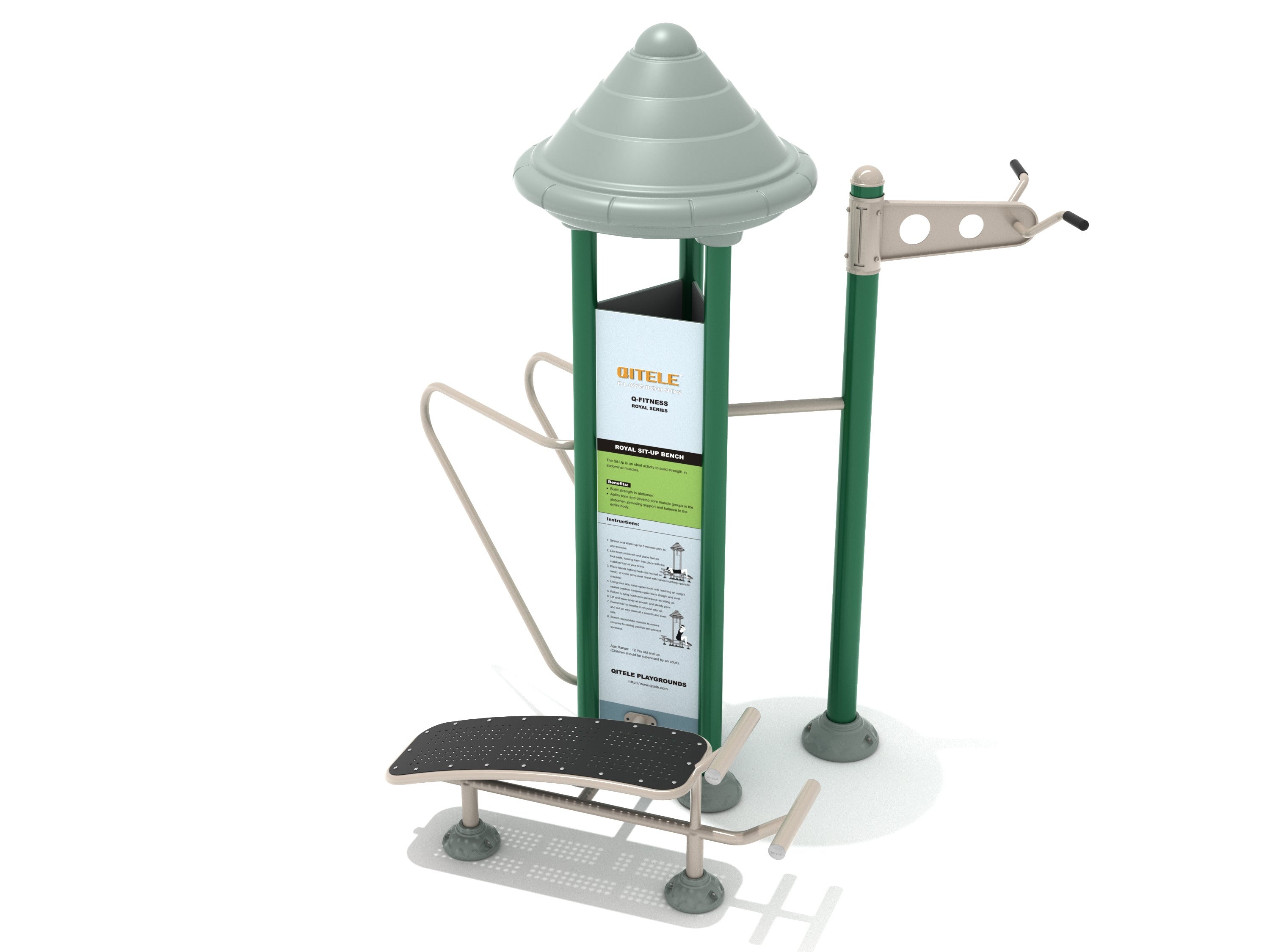 Outdoor fitness station with green steel posts, curved bars, pull-up handles, and black perforated sit-up bench for full-body workouts