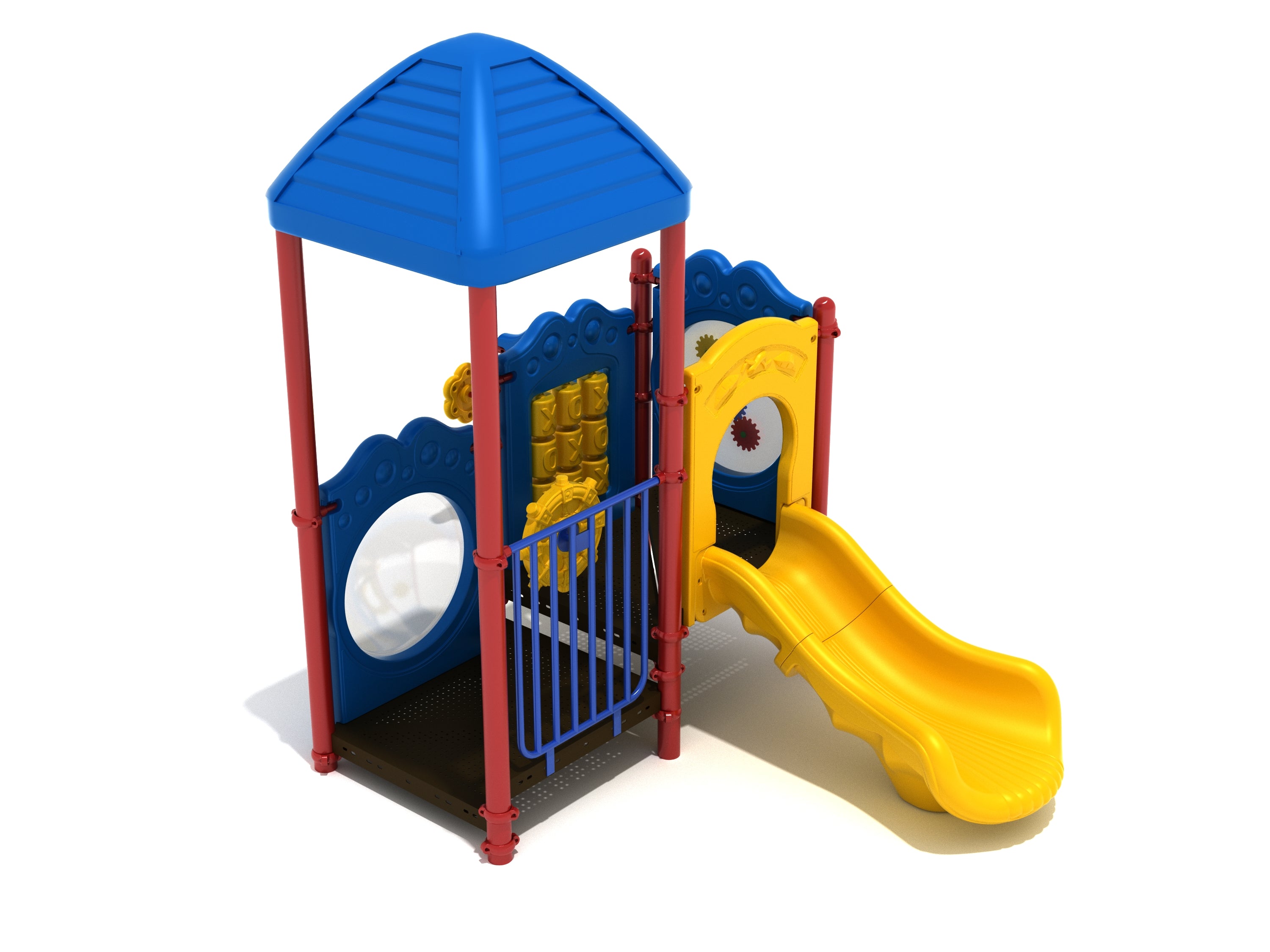 Compact toddler playground structure with blue roof, red posts, interactive sensory panels, and yellow straight slide