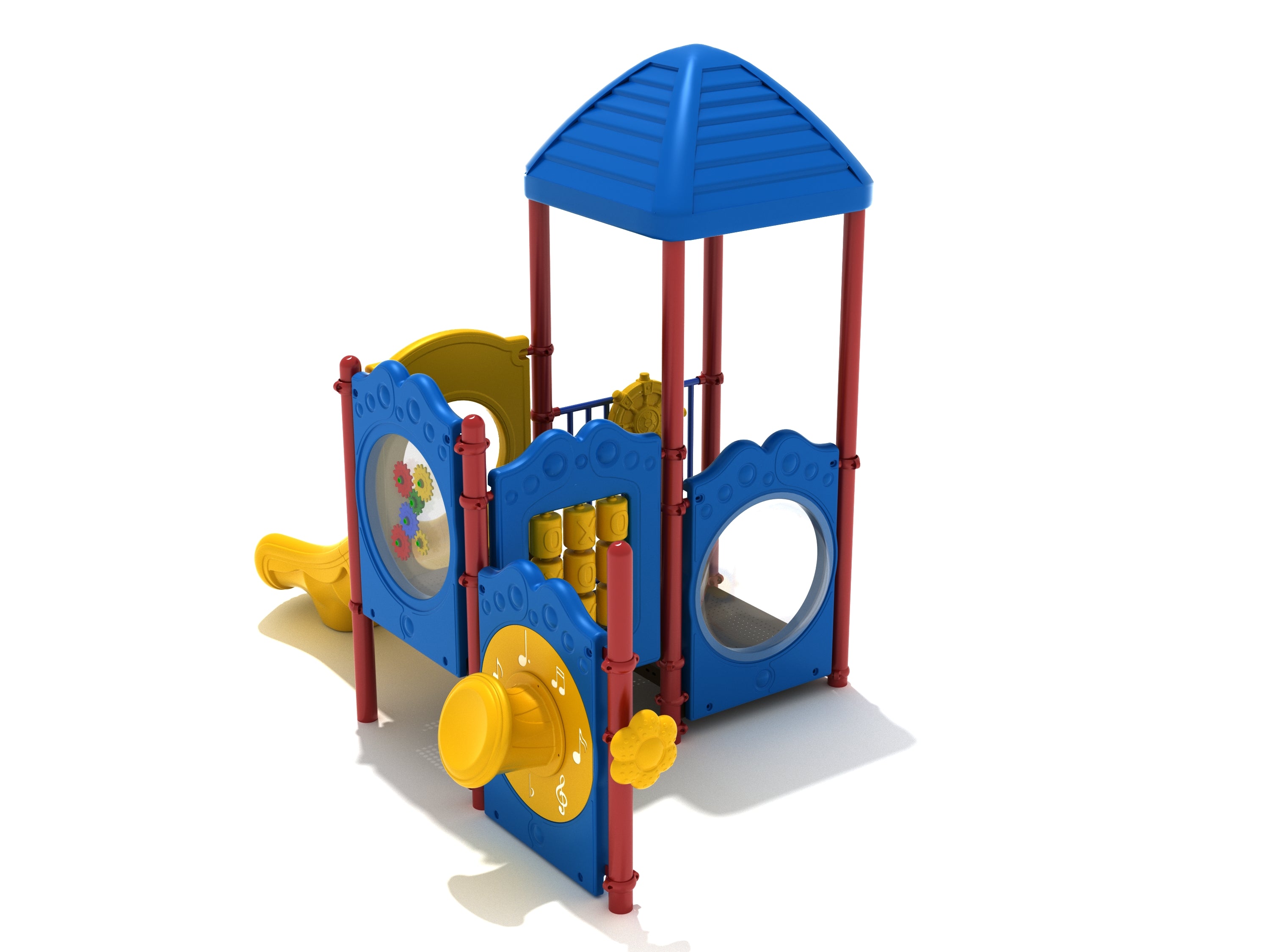 Compact toddler playground structure with blue panels, red posts, yellow slide, and interactive sensory play features