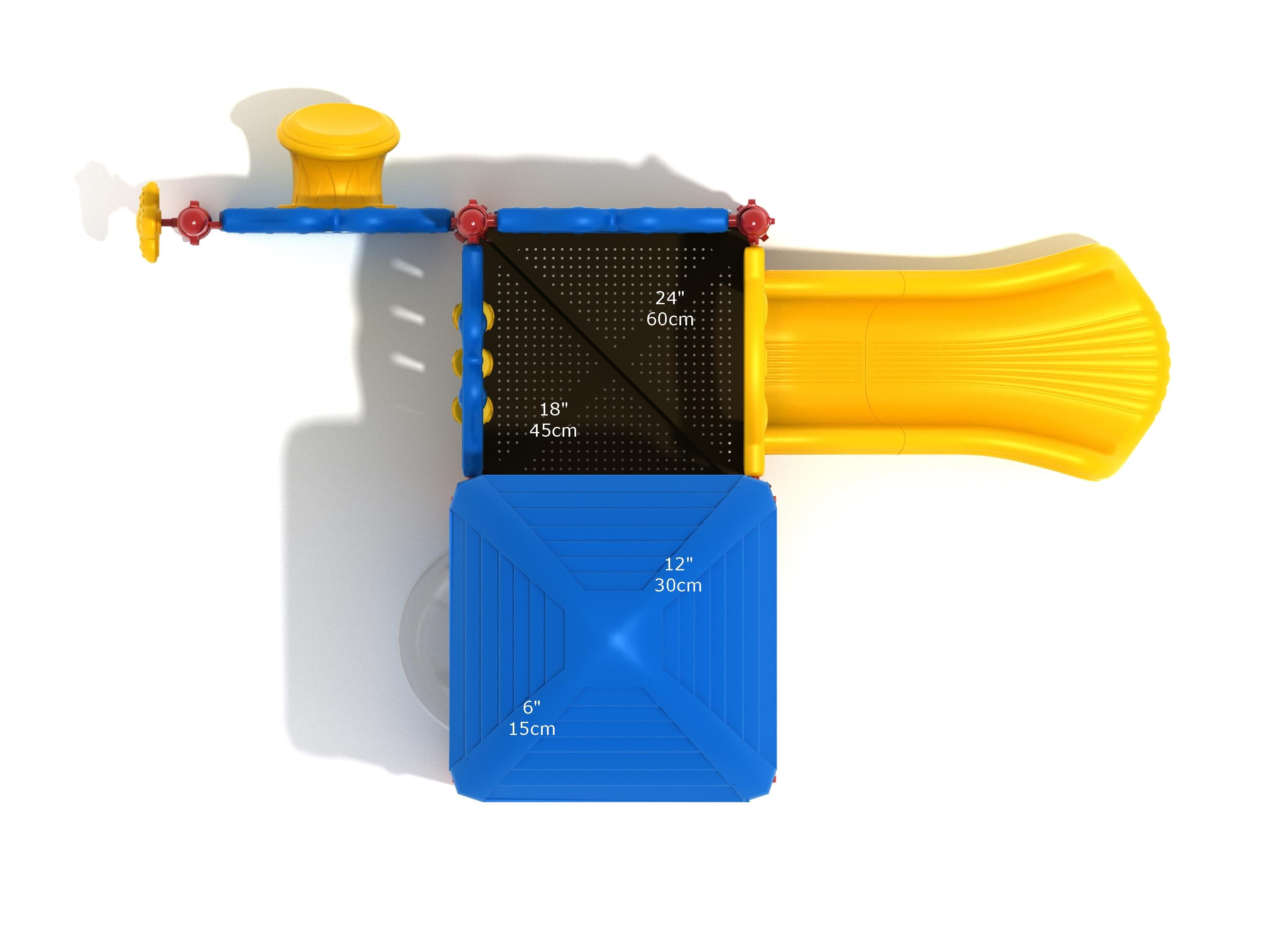 Overhead view of a compact children's playground with a yellow slide, blue roof, and interactive sensory play panels