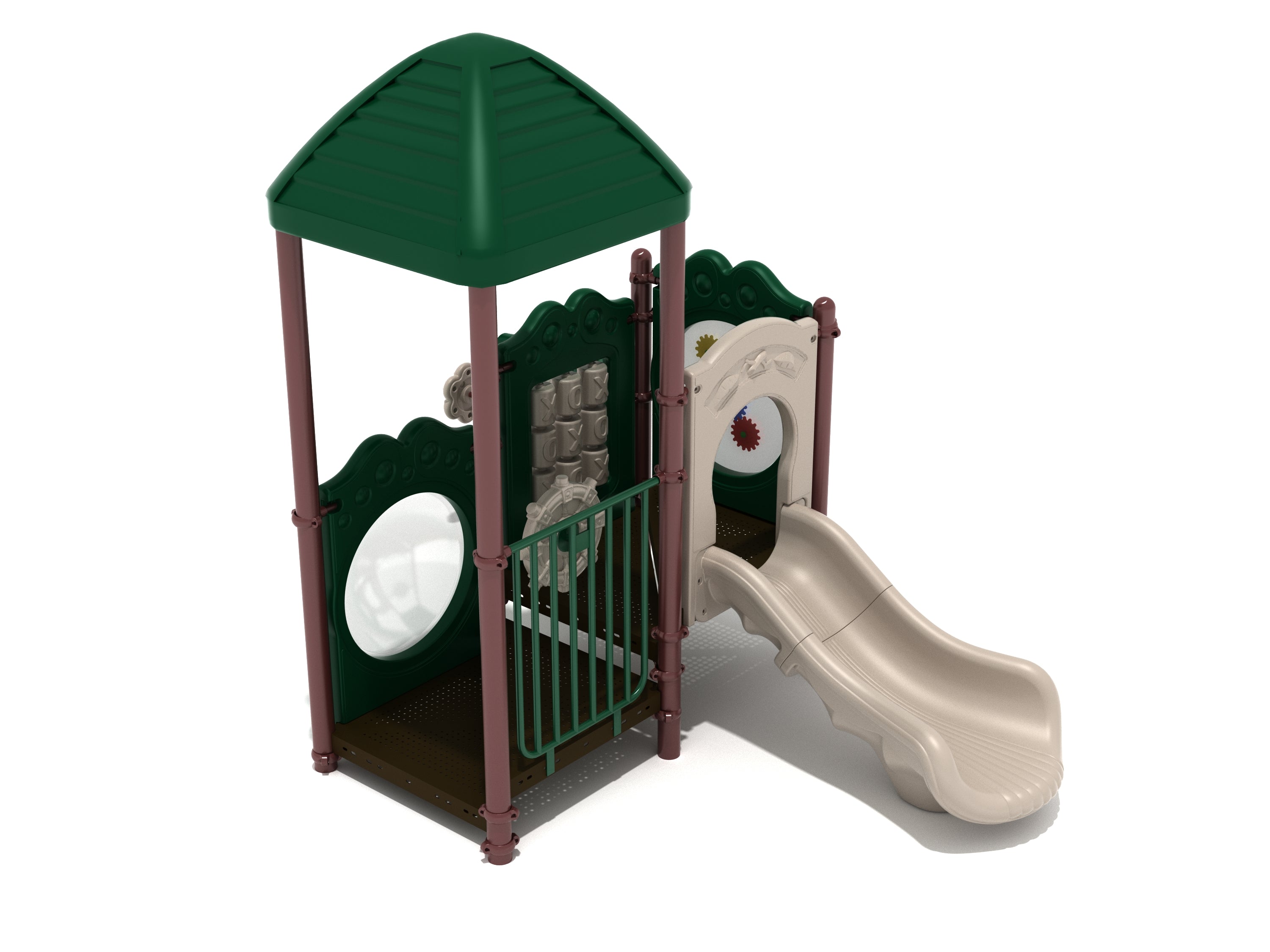 Saint Augustine Playground with green roof, interactive sensory panels, and beige double slide for young children’s outdoor play
