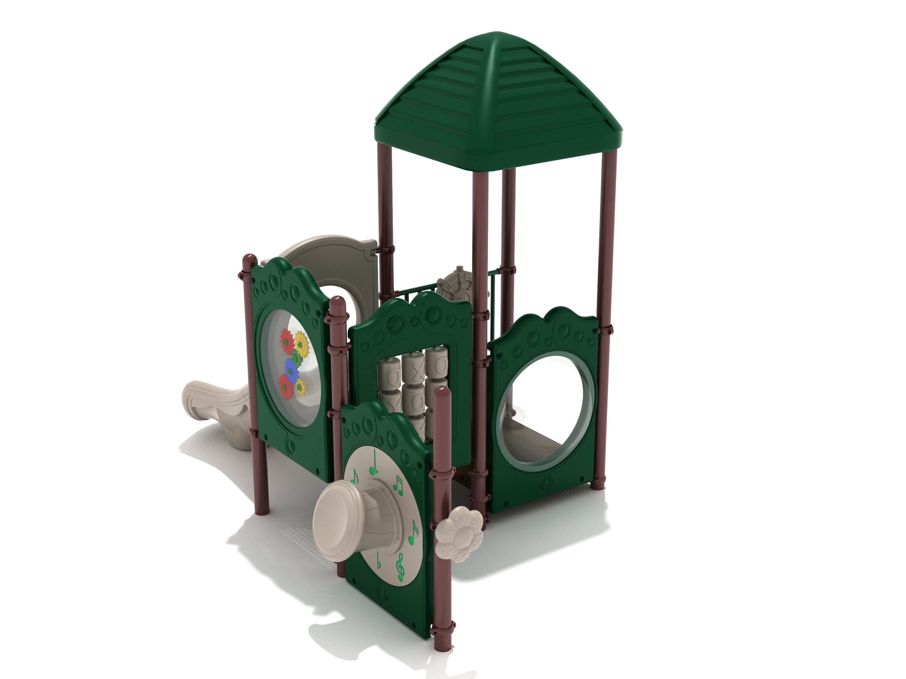 Compact green and beige playground structure with roof, slide, gear panel, tic tac toe, and musical play elements for sensory and motor skill development