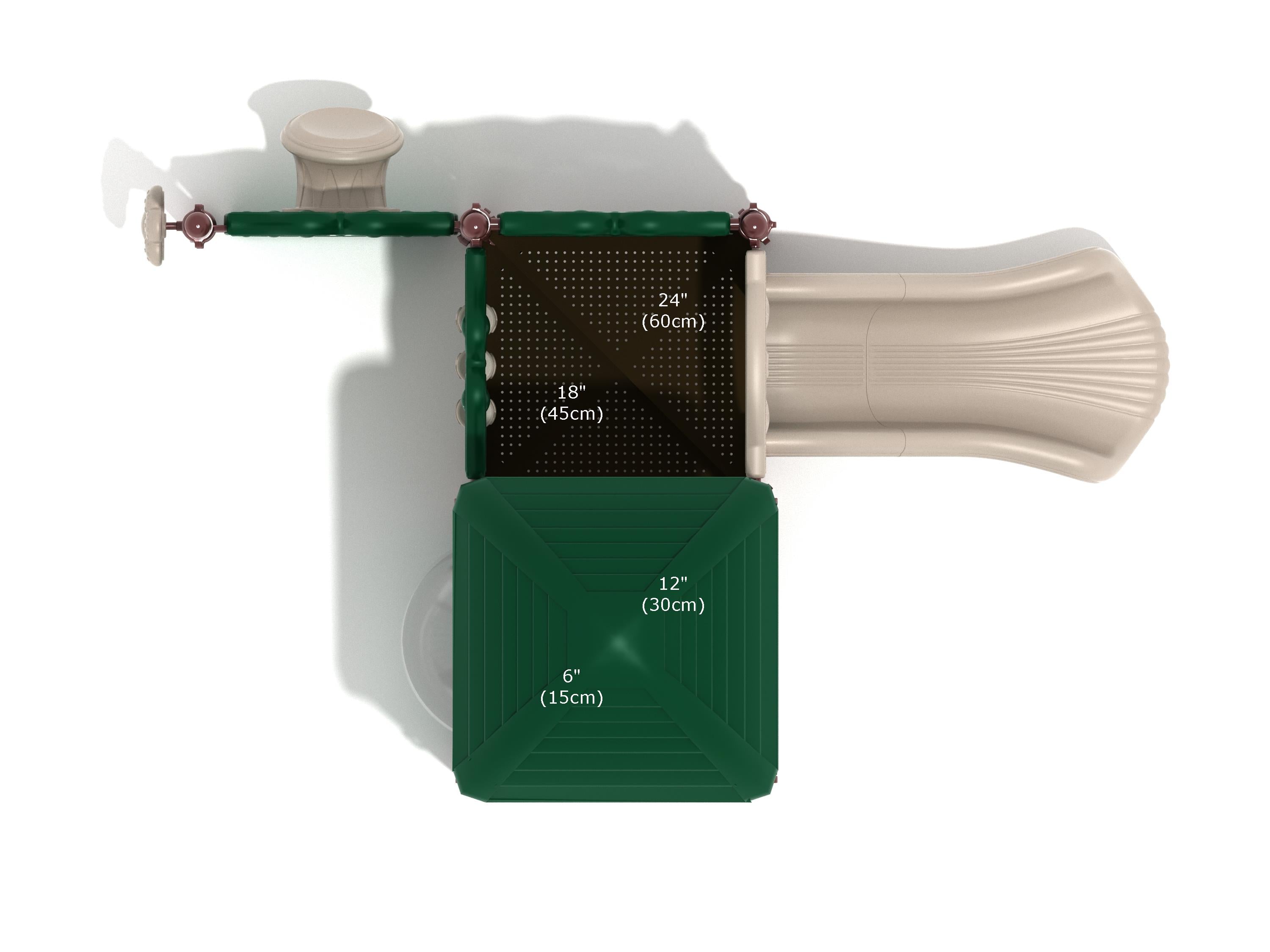 Overhead view of compact toddler playground with beige slide, green roof, and interactive sensory play panels including gear and tic tac toe.
