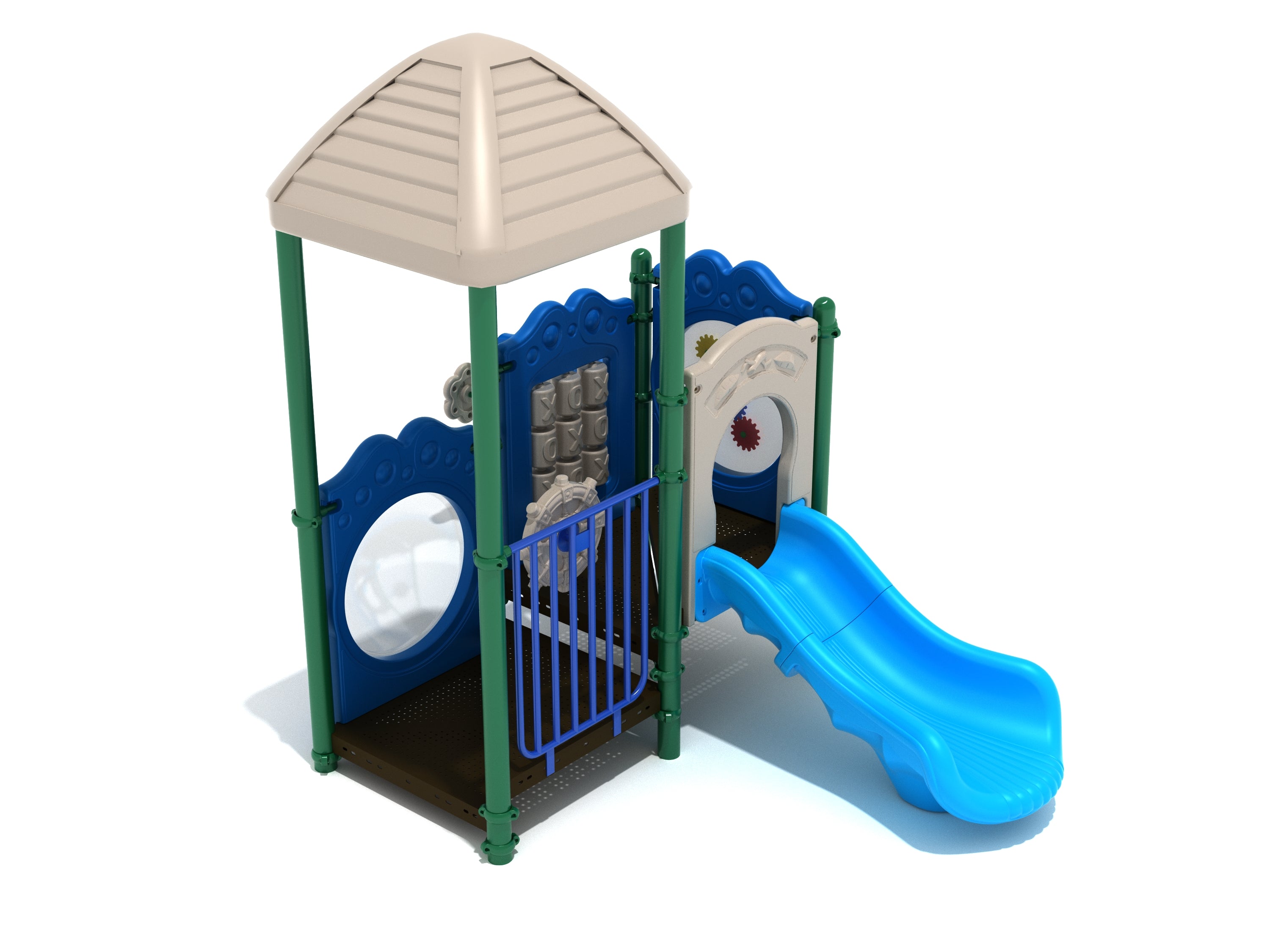 Compact toddler playground with beige roof, green posts, blue interactive panels including gear and tic-tac-toe, and a blue slide